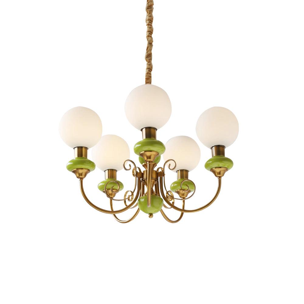 Lustra Chandelier Green Shades Gold Curved Arms - Neutral Decor