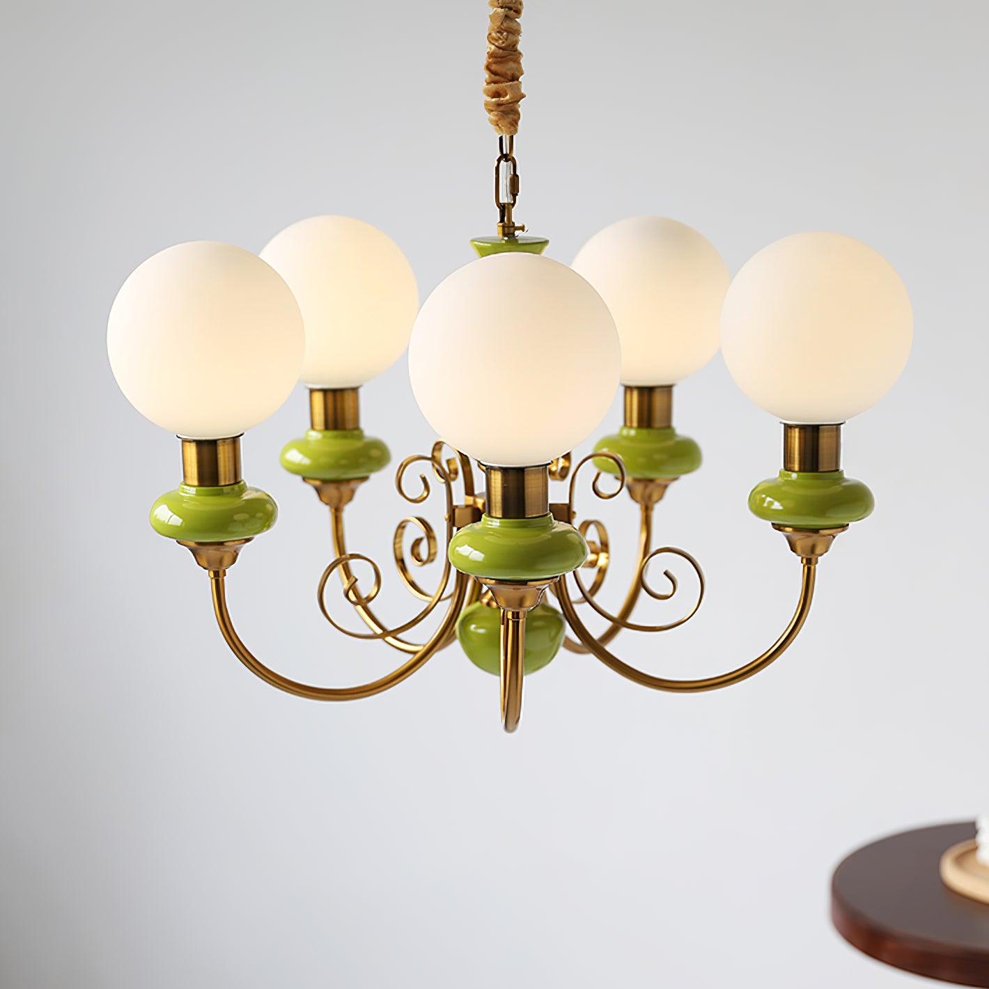 Lustra Chandelier Green Shades Gold Curved Arms - Neutral Decor
