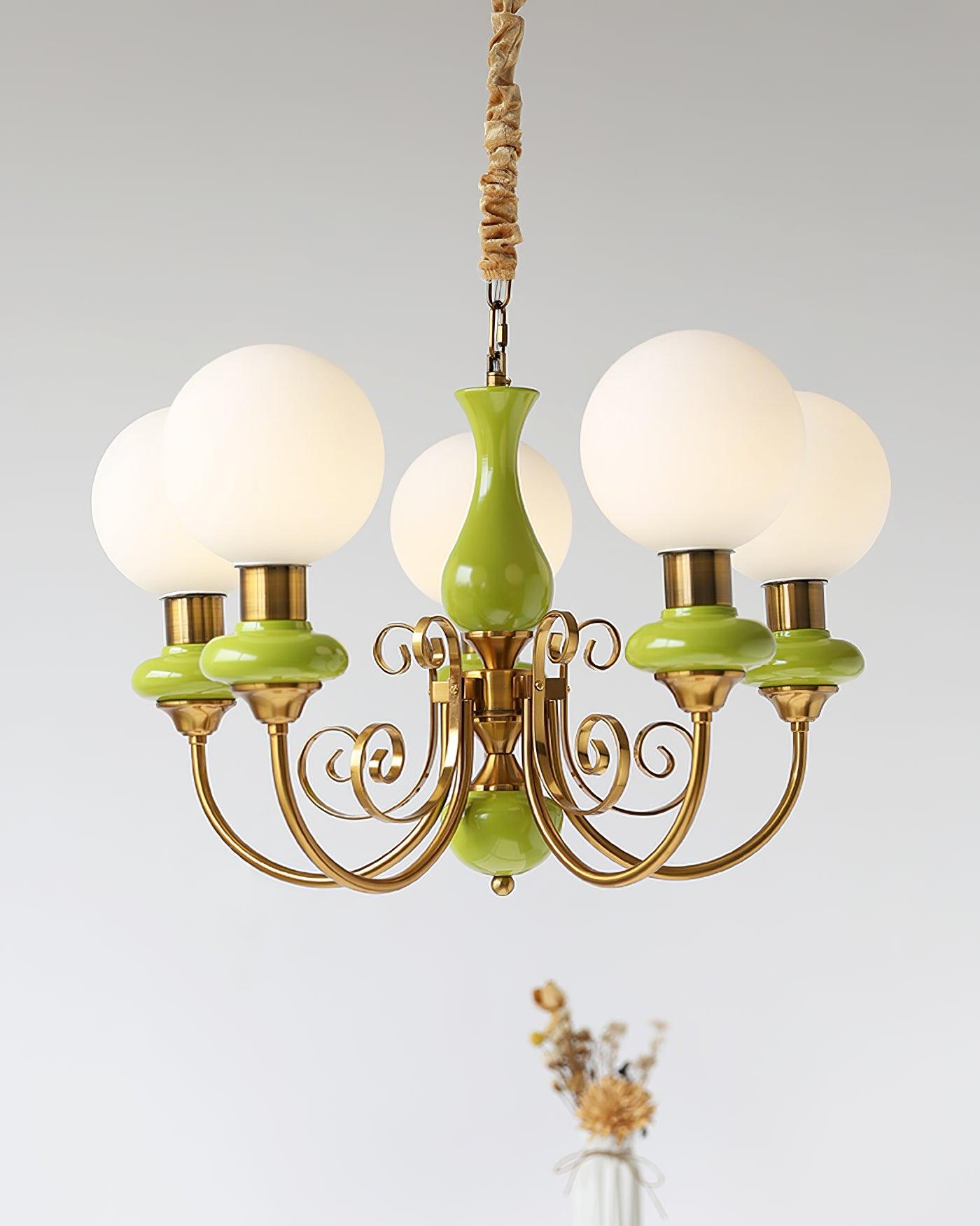 Lustra Chandelier Green Shades Gold Curved Arms - Neutral Decor