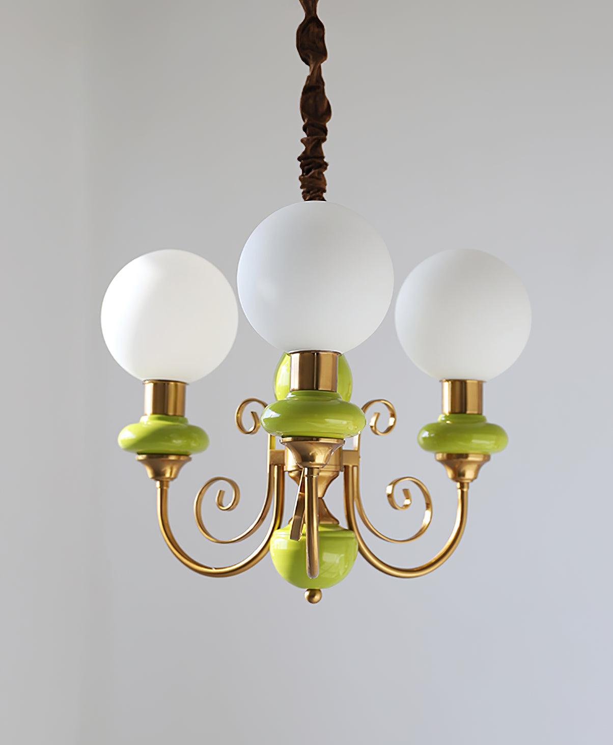 Lustra Chandelier Green Shades Gold Curved Arms - Neutral Decor