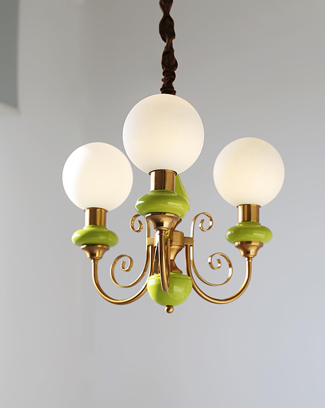 Lustra Chandelier Green Shades Gold Curved Arms - Neutral Decor
