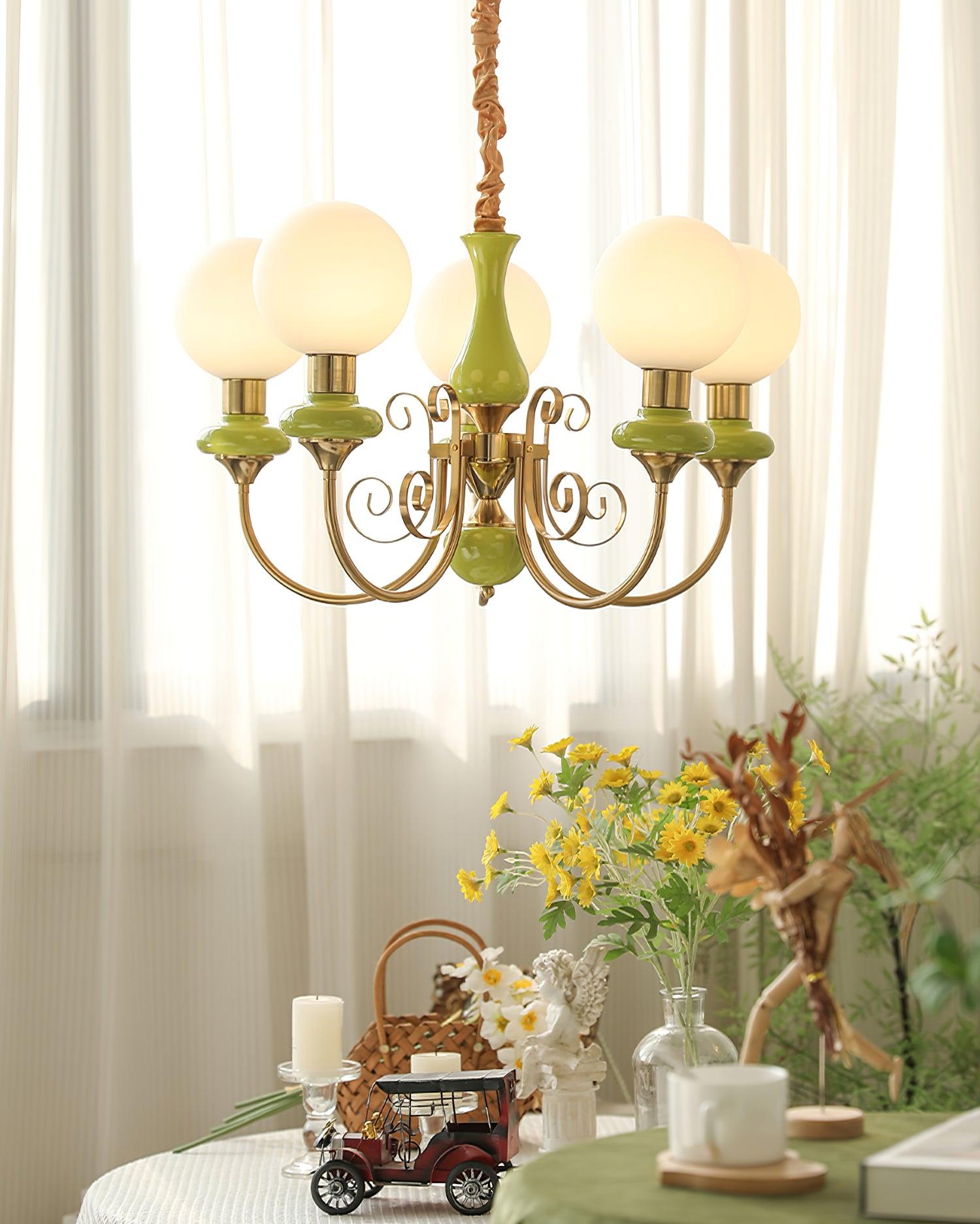 Lustra Chandelier Green Shades Gold Curved Arms - Neutral Decor