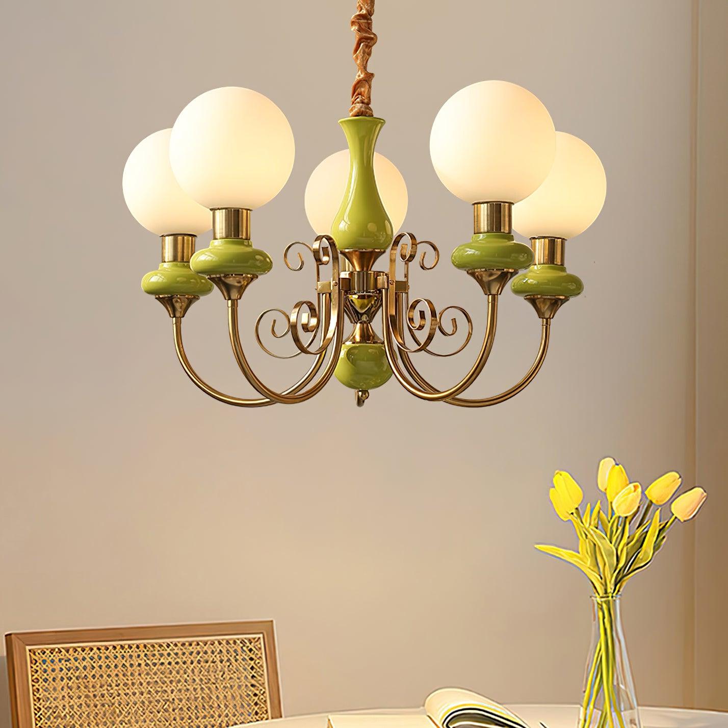 Lustra Chandelier Green Shades Gold Curved Arms - Neutral Decor