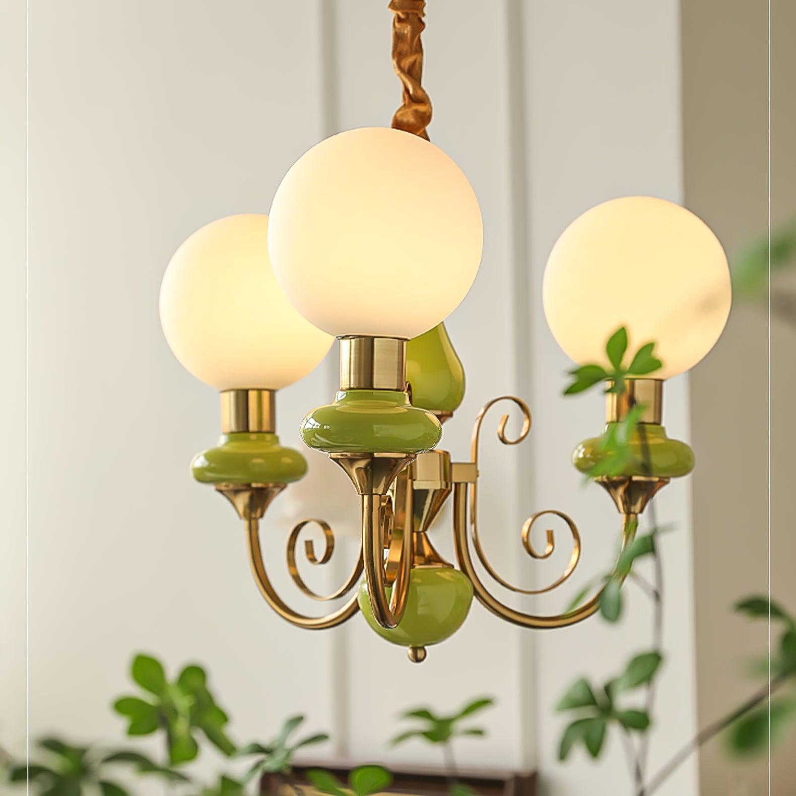 Lustra Chandelier Green Shades Gold Curved Arms - Neutral Decor