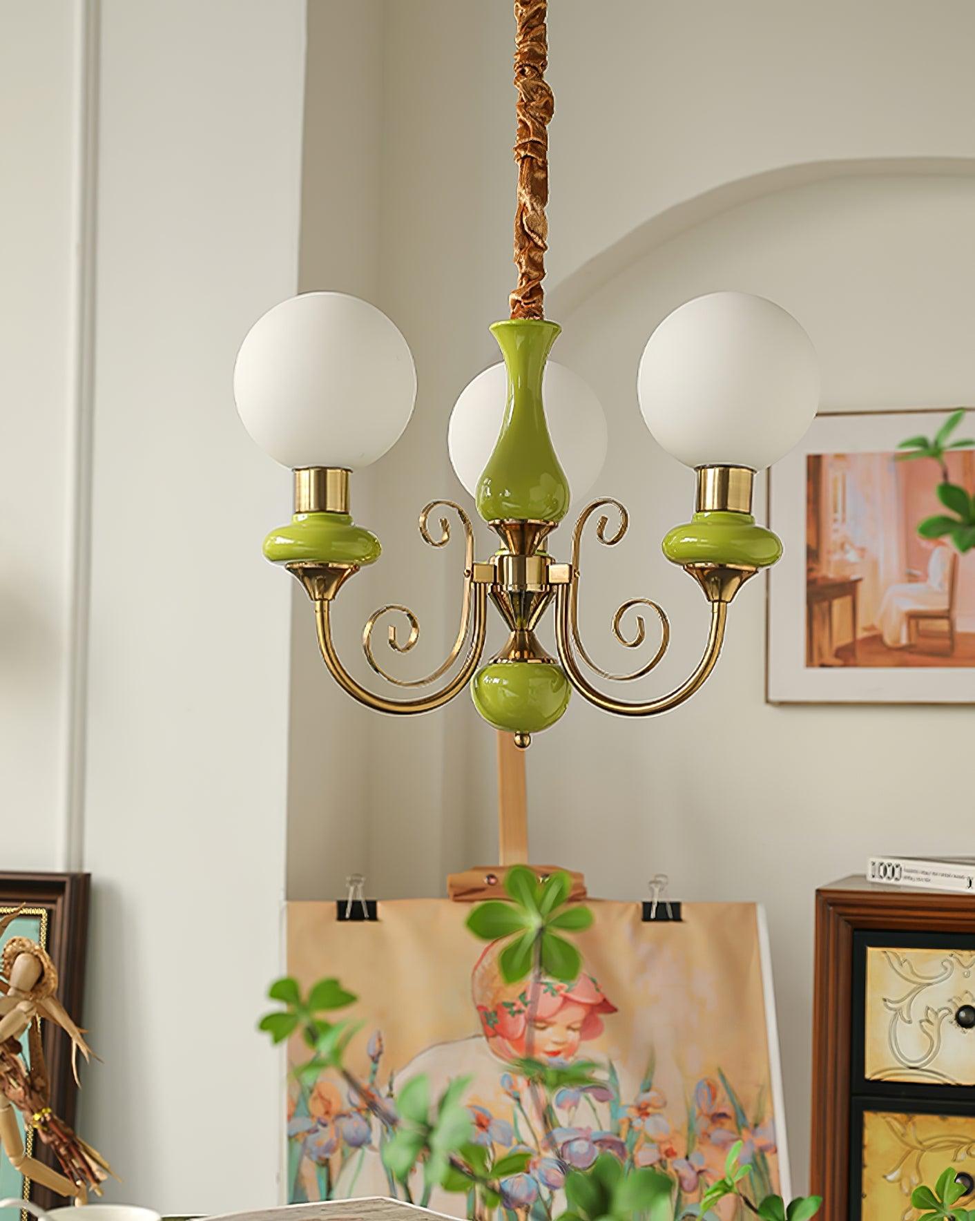 Lustra Chandelier Green Shades Gold Curved Arms - Neutral Decor
