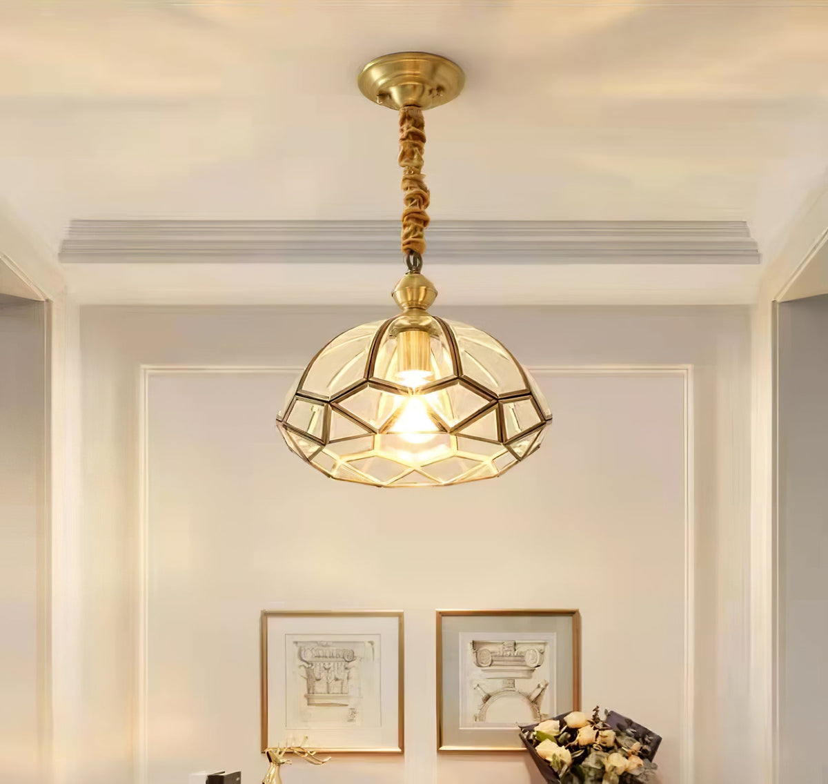 Lunell Traditional Art Brass Glass Pendant Light