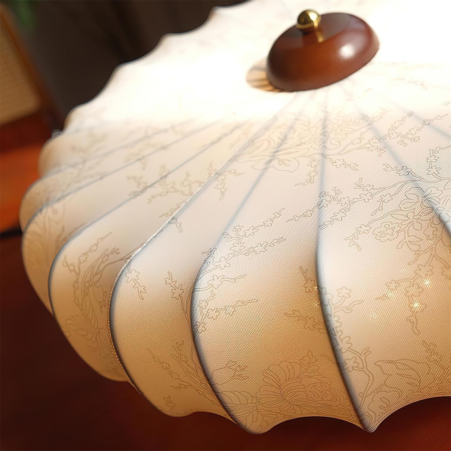 Ceiling Lamp Fabric Shade Pleated Lotus Shape Wooden Canopy - Neutral Decor