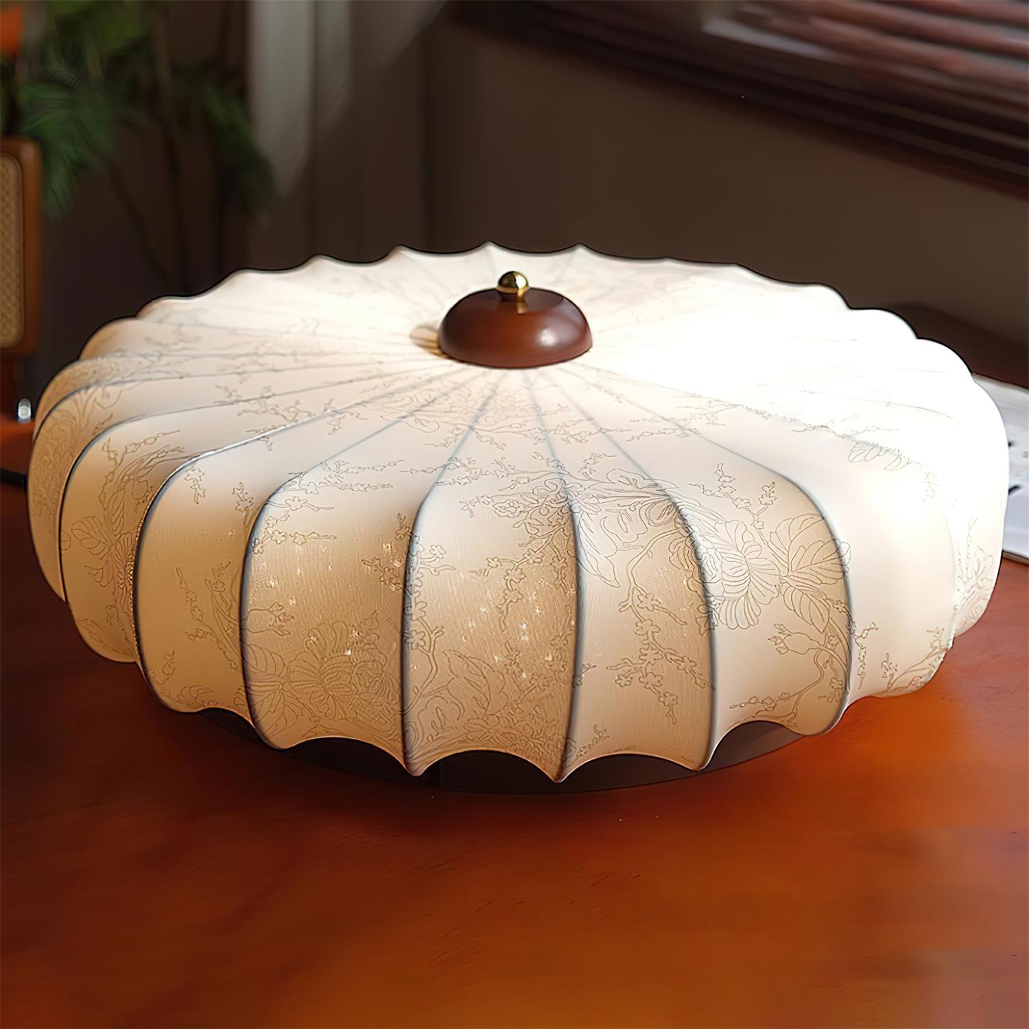 Ceiling Lamp Fabric Shade Pleated Lotus Shape Wooden Canopy - Neutral Decor