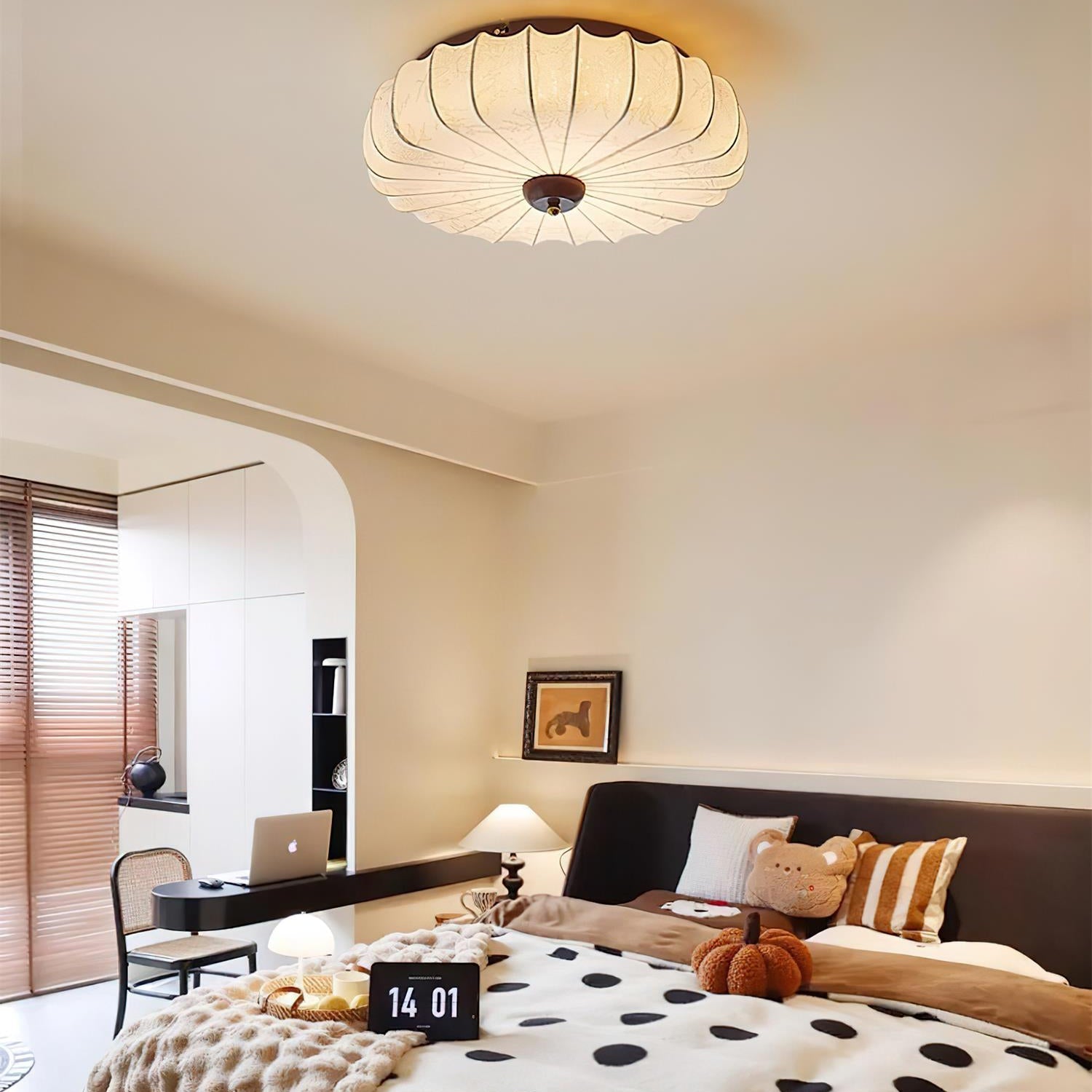 Ceiling Lamp Fabric Shade Pleated Lotus Shape Wooden Canopy - Neutral Decor