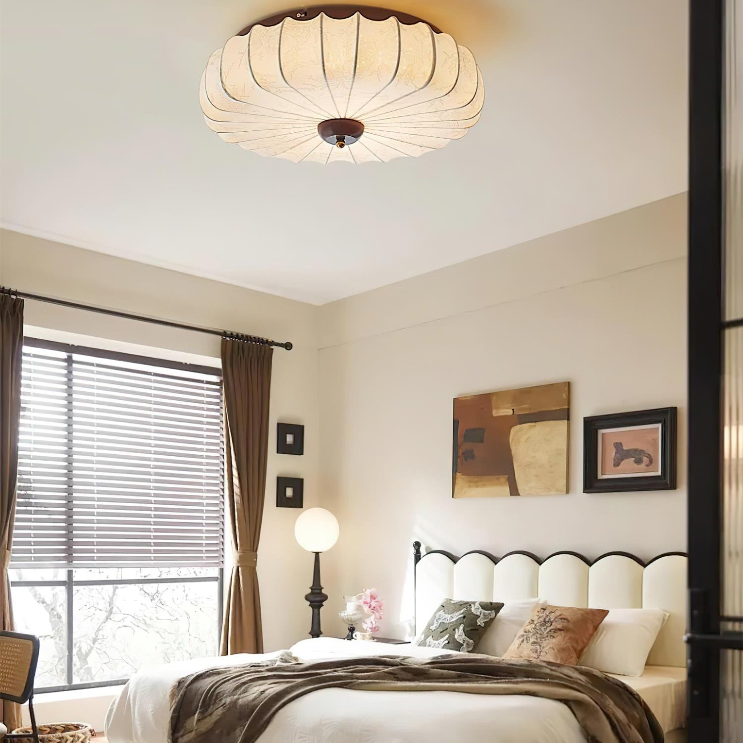 Ceiling Lamp Fabric Shade Pleated Lotus Shape Wooden Canopy - Neutral Decor