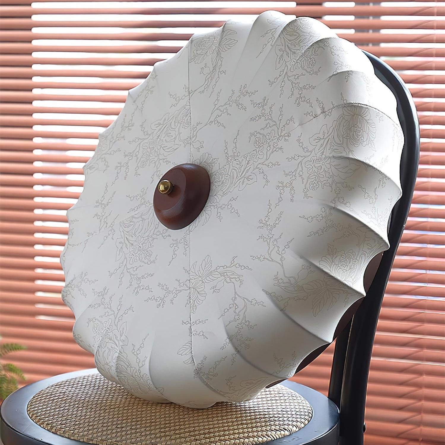 Ceiling Lamp Fabric Shade Pleated Lotus Shape Wooden Canopy - Neutral Decor