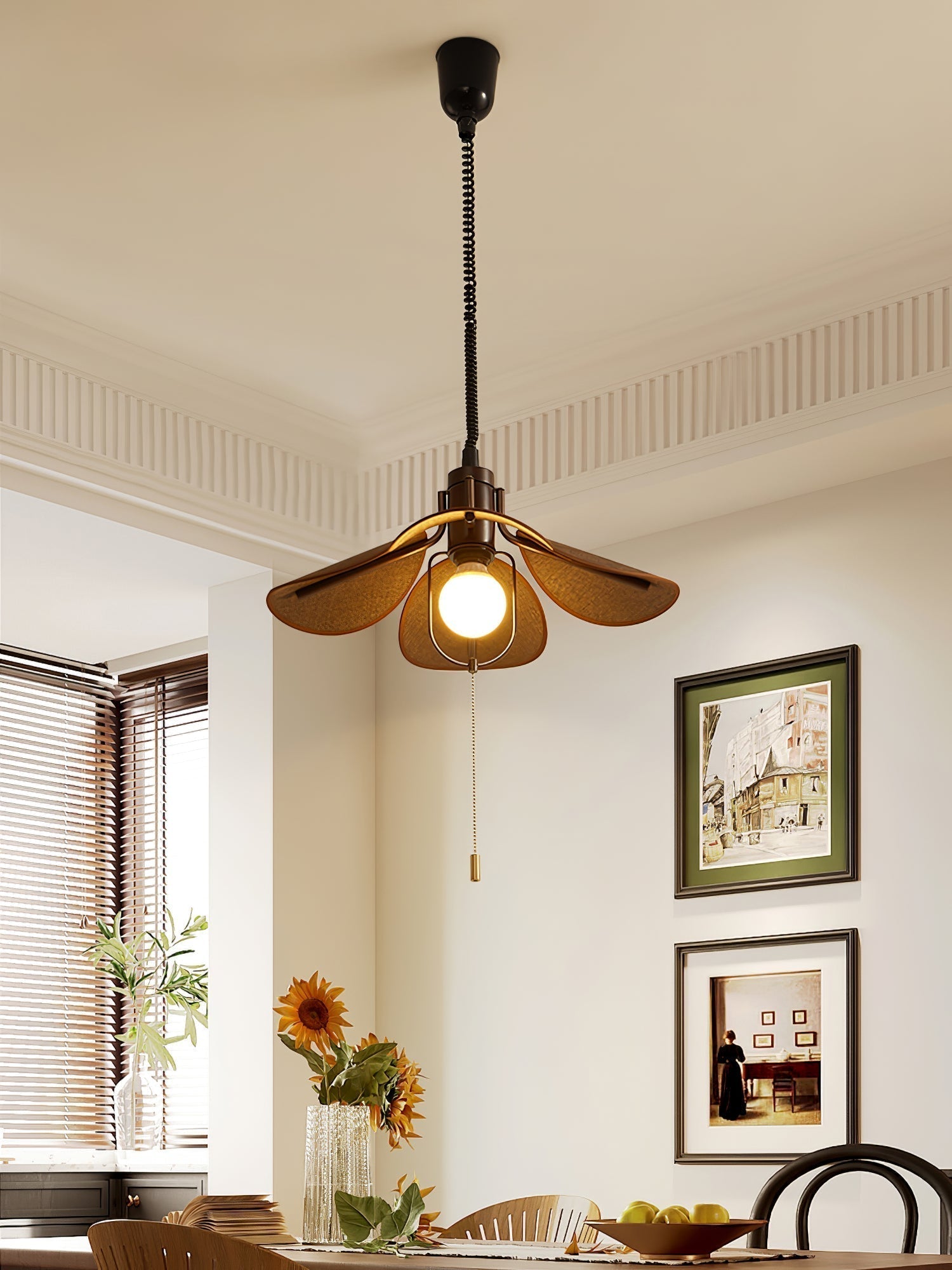 Utalion Traditional Petal Bloom Wood Fabric Pendant Light