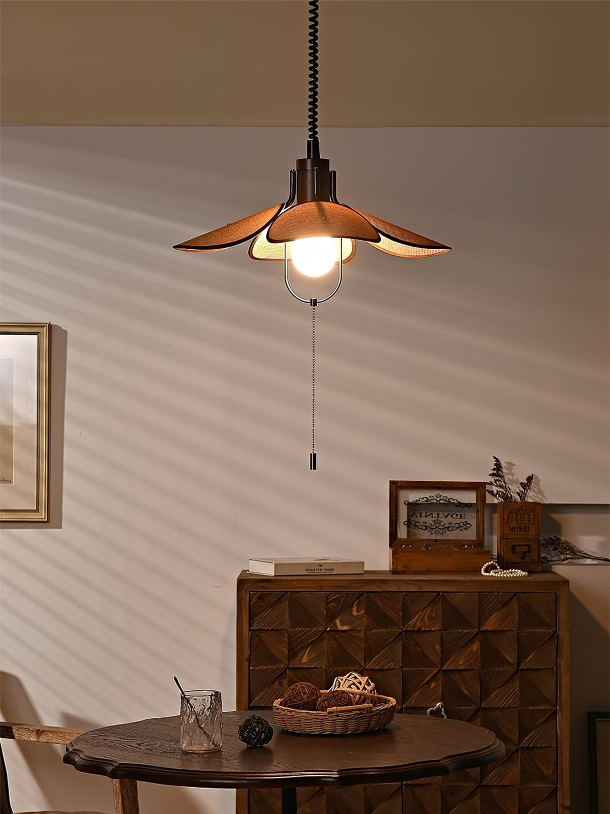 Utalion Traditional Petal Bloom Wood Fabric Pendant Light