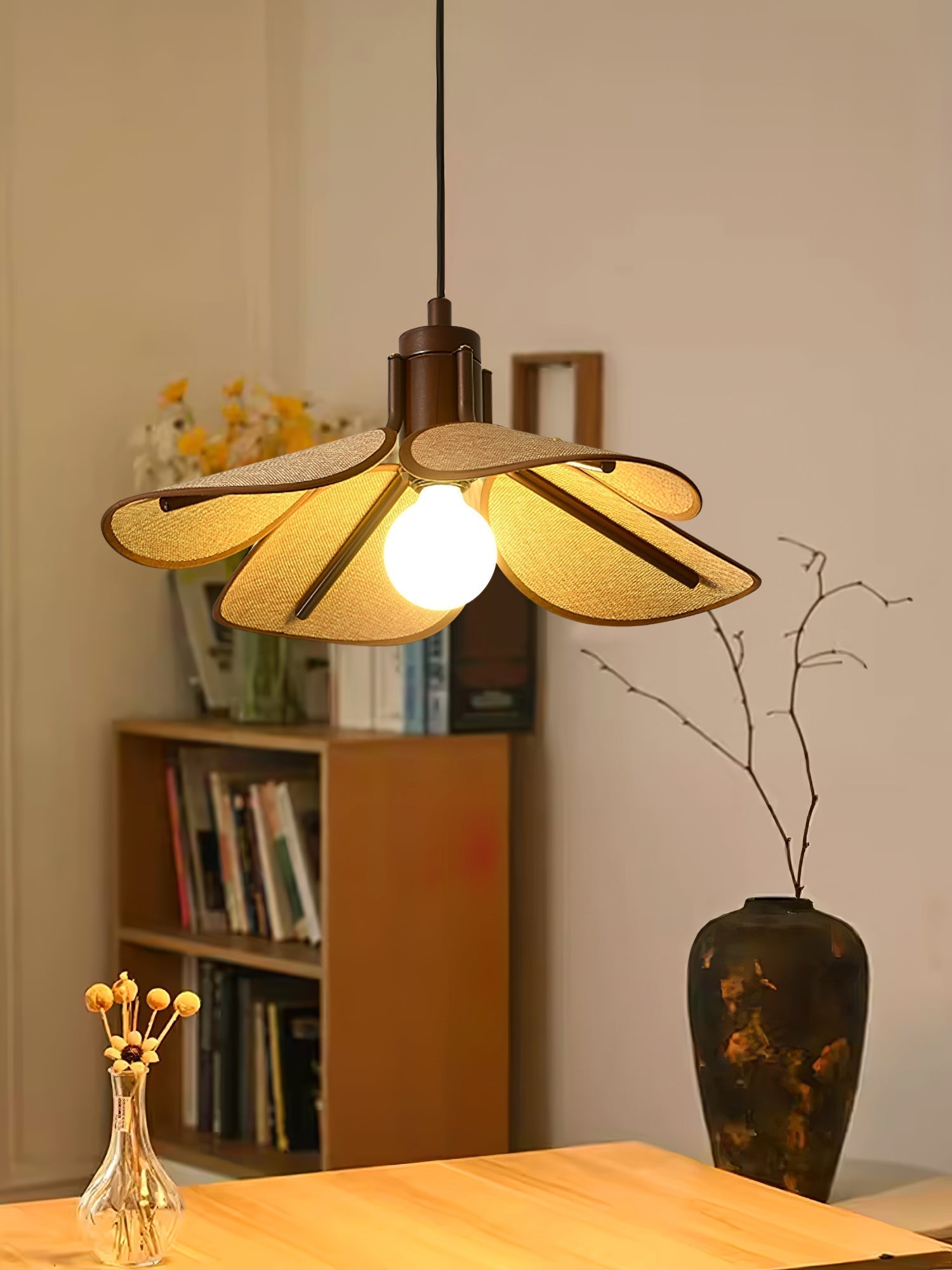 Utalion Traditional Petal Bloom Wood Fabric Pendant Light