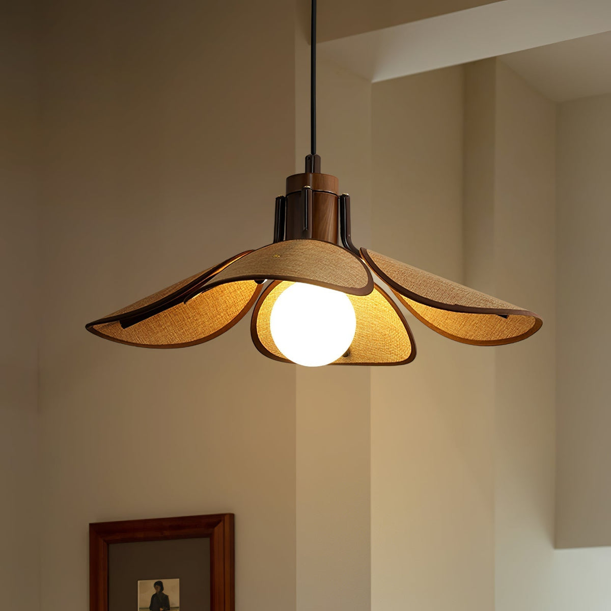 Utalion Traditional Petal Bloom Wood Fabric Pendant Light