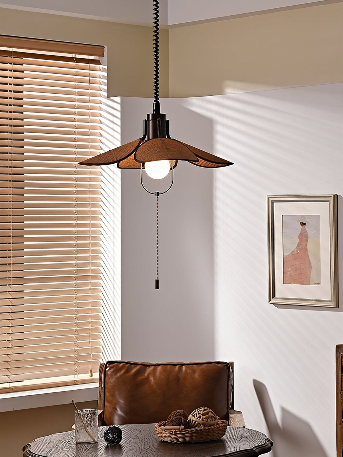 Utalion Traditional Petal Bloom Wood Fabric Pendant Light