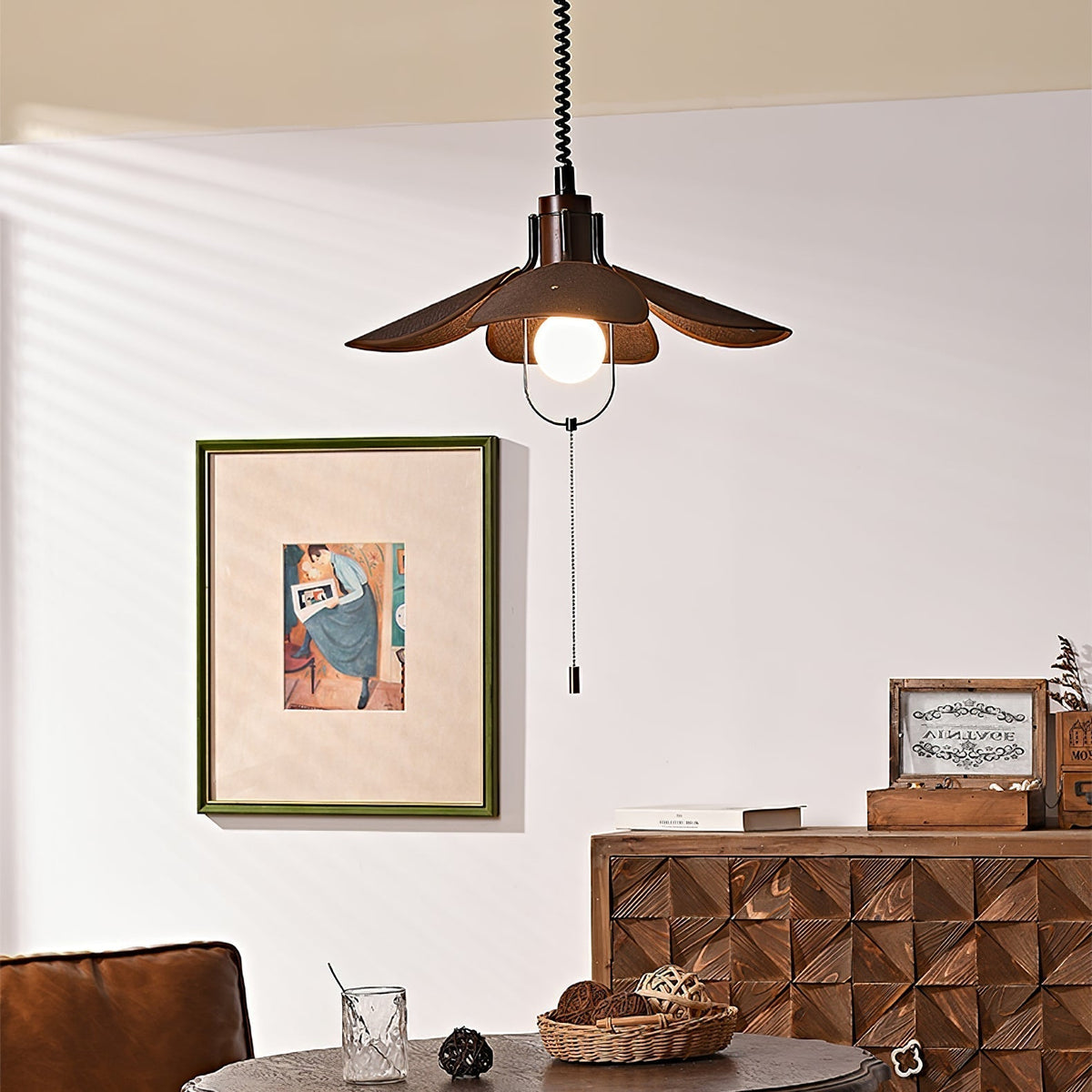 Utalion Traditional Petal Bloom Wood Fabric Pendant Light