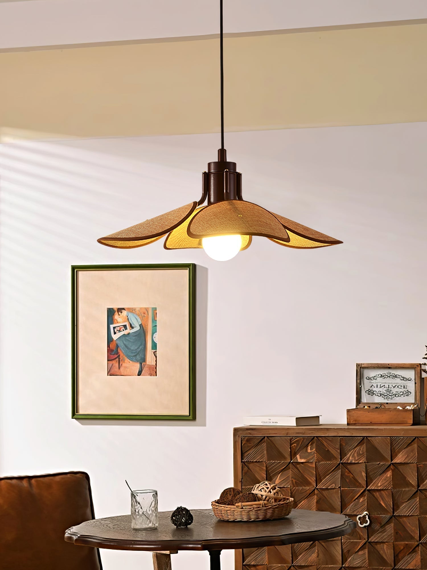 Utalion Traditional Petal Bloom Wood Fabric Pendant Light