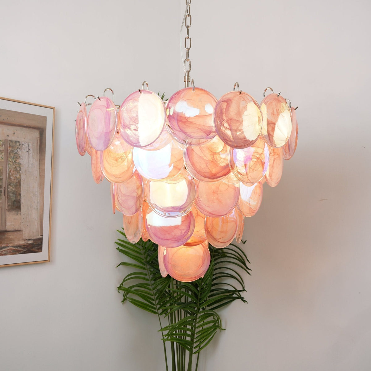 Ault Chandelier Pink Murano Disc Layered Contemporary