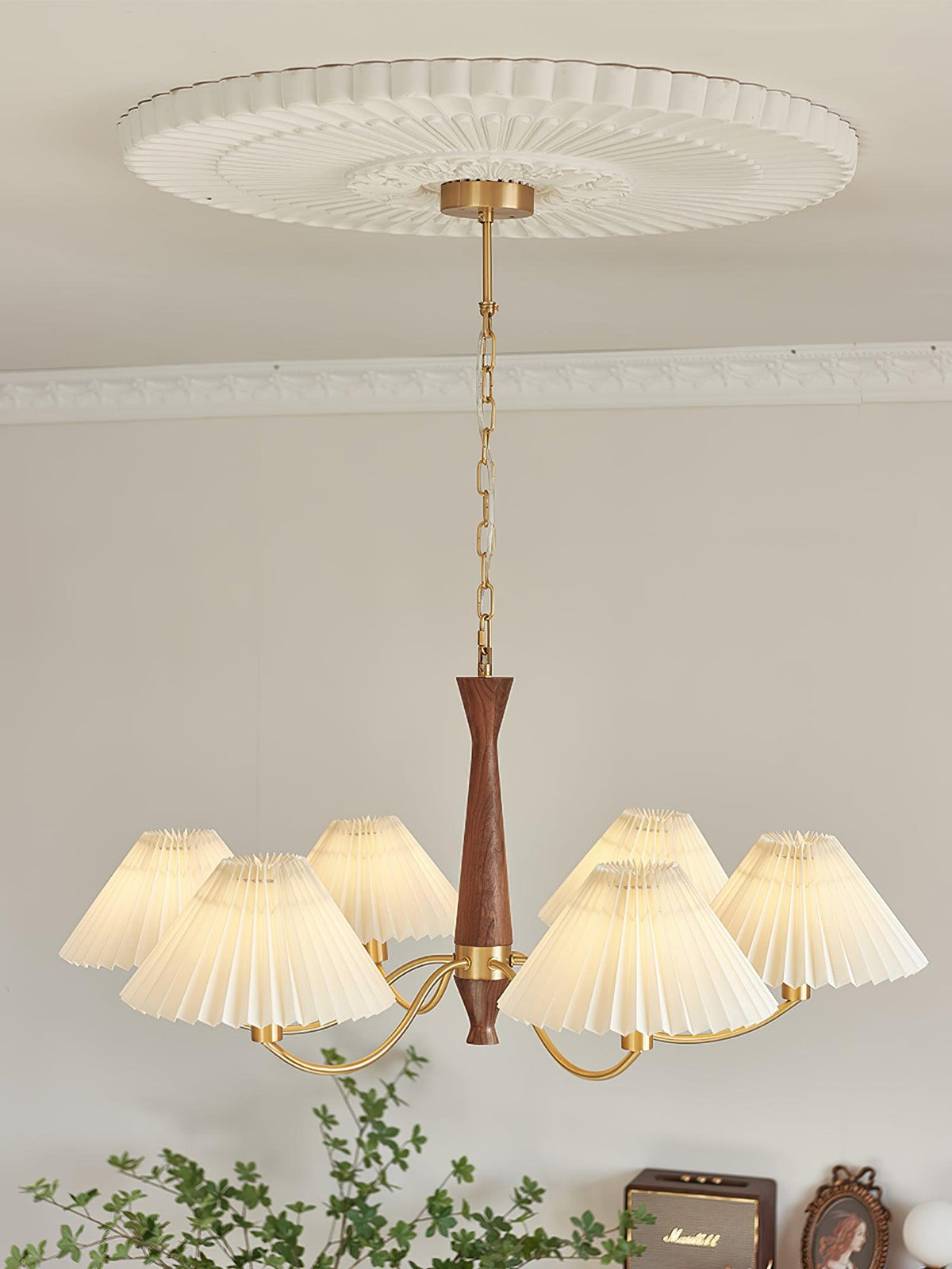 Calivine Chandelier Pleated with White Lampshades Mid-Century