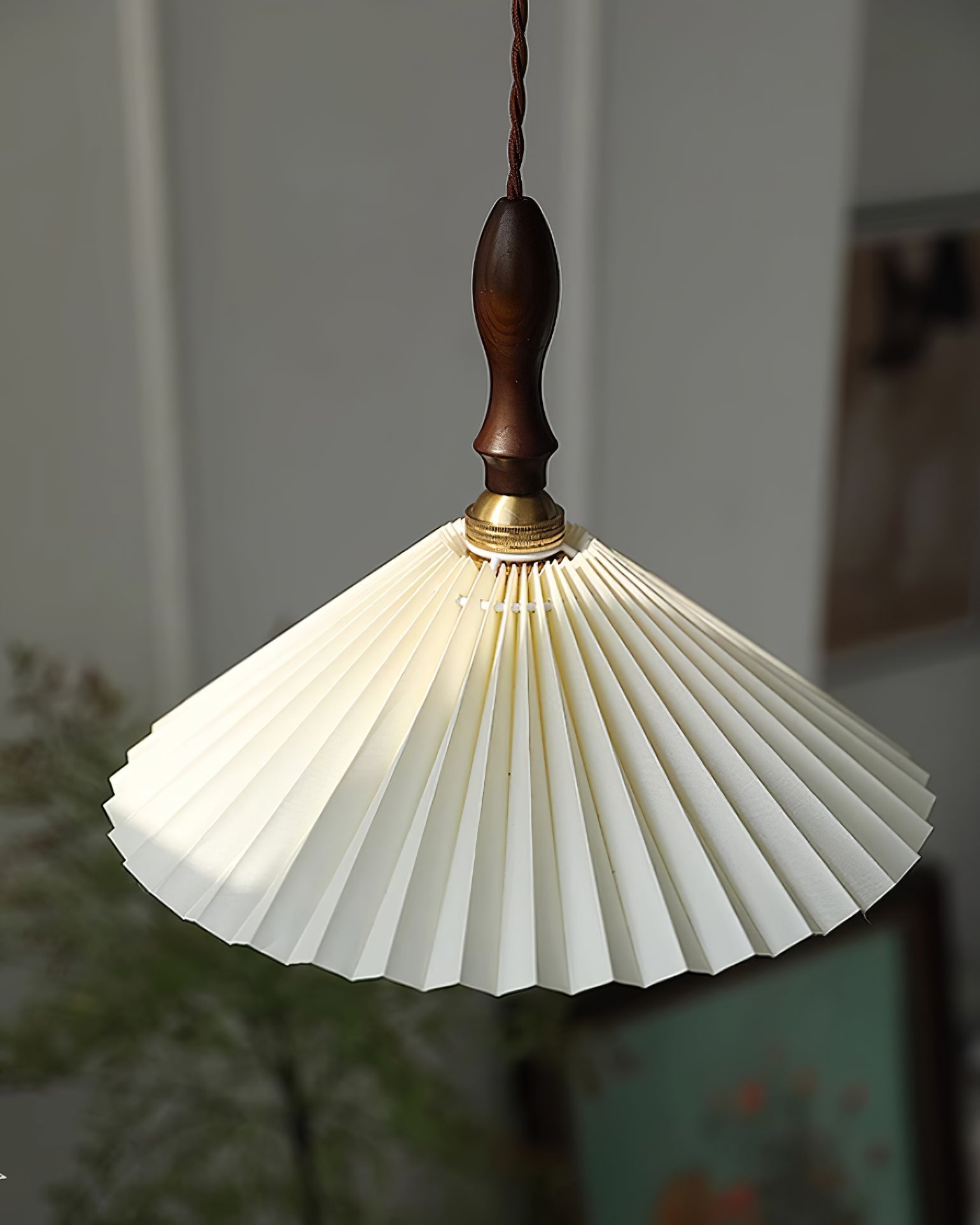 Eldora Pleated Shade Plug-In Pendant Light with Wooden Accent - Neutral Decor