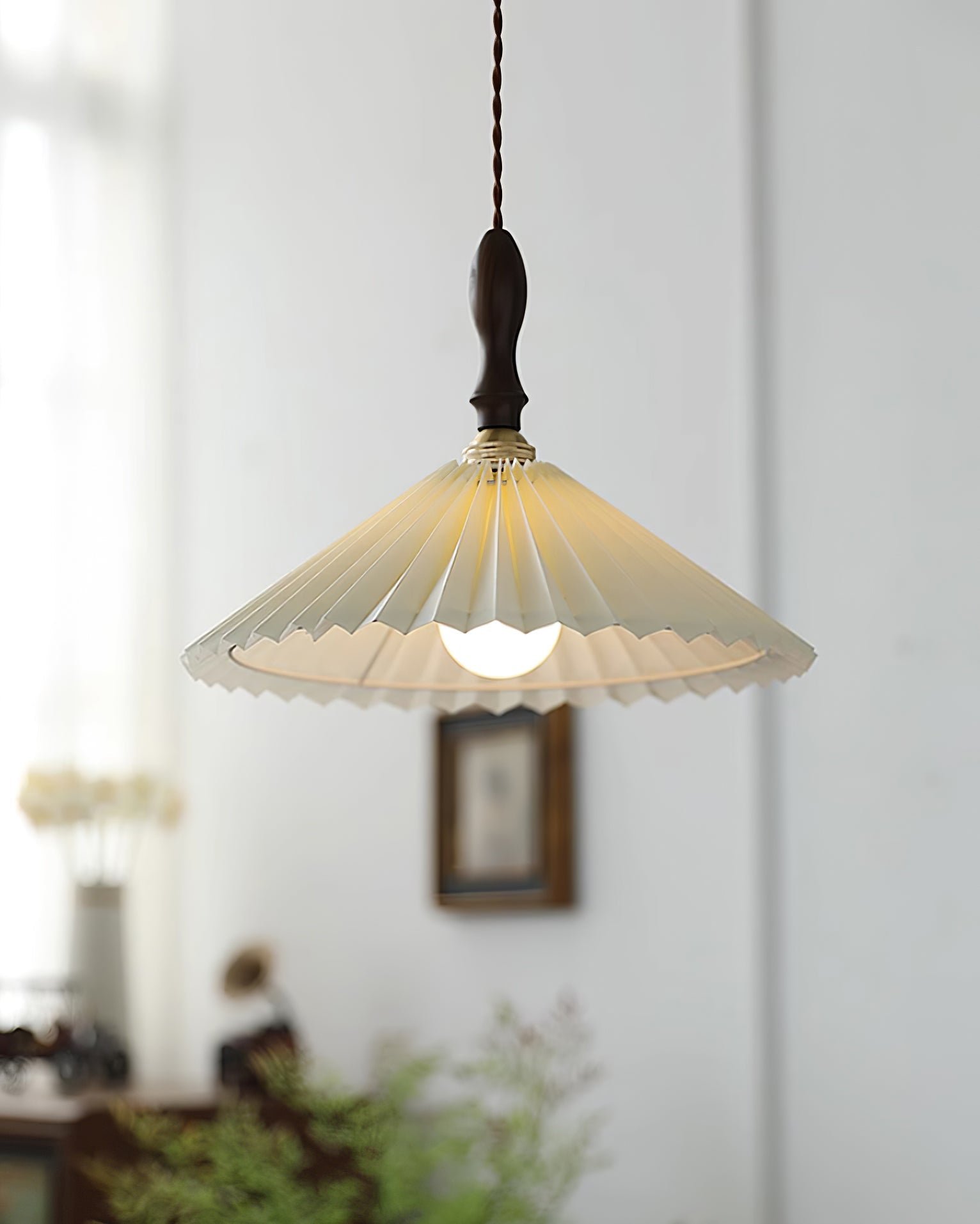 Eldora Pleated Shade Plug-In Pendant Light with Wooden Accent - Neutral Decor