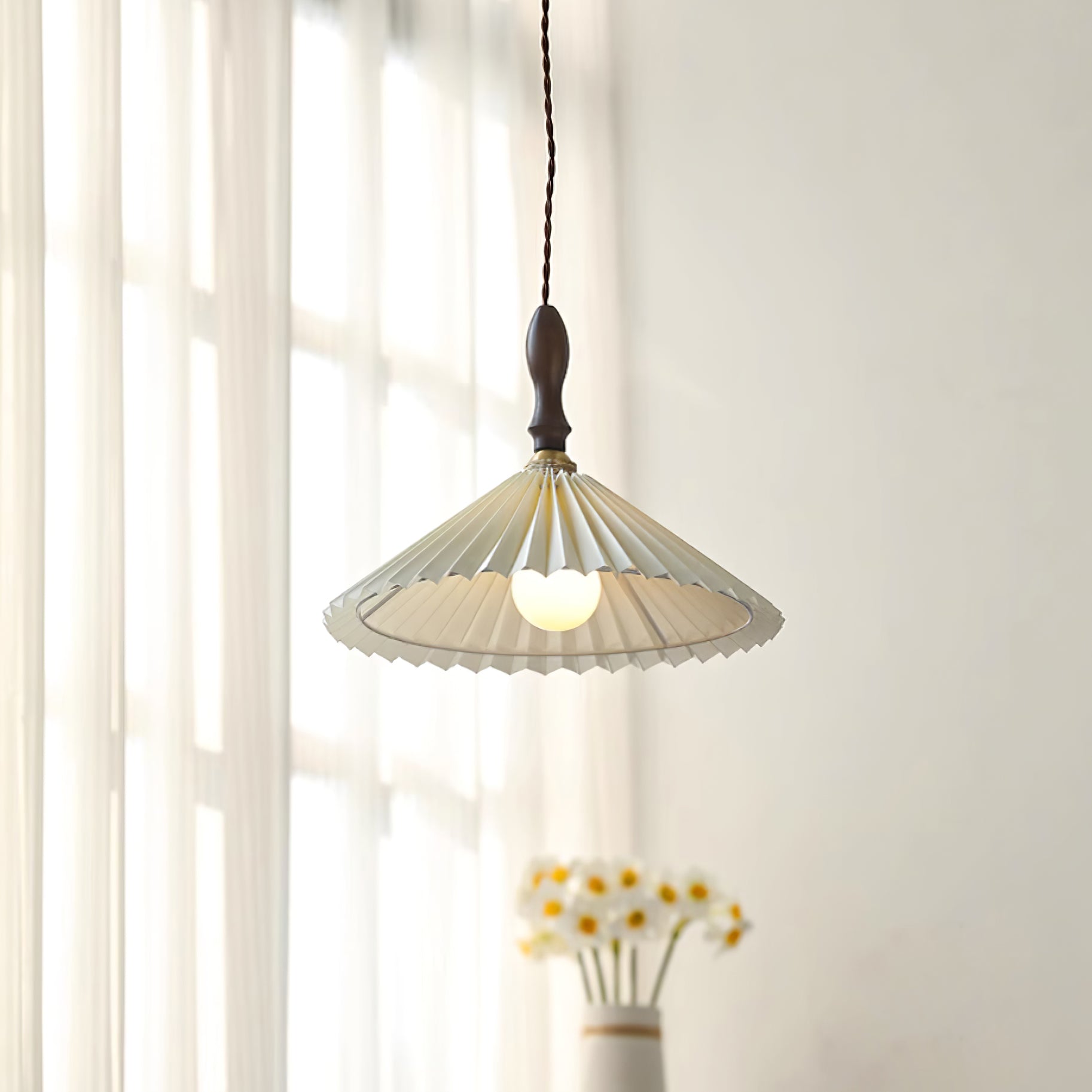 Eldora Pleated Shade Plug-In Pendant Light with Wooden Accent - Neutral Decor