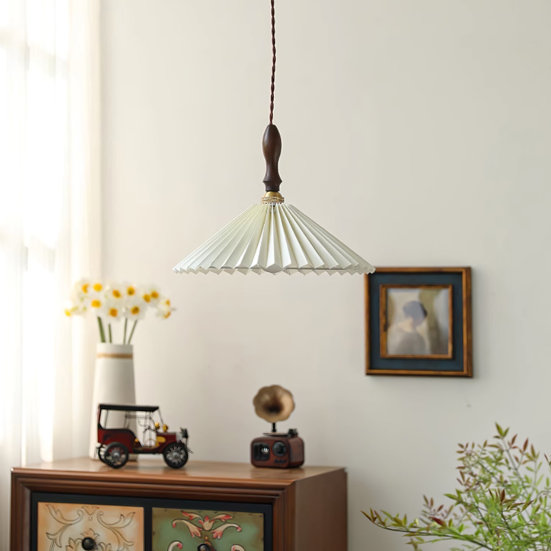 Eldora Pleated Shade Plug-In Pendant Light with Wooden Accent - Neutral Decor