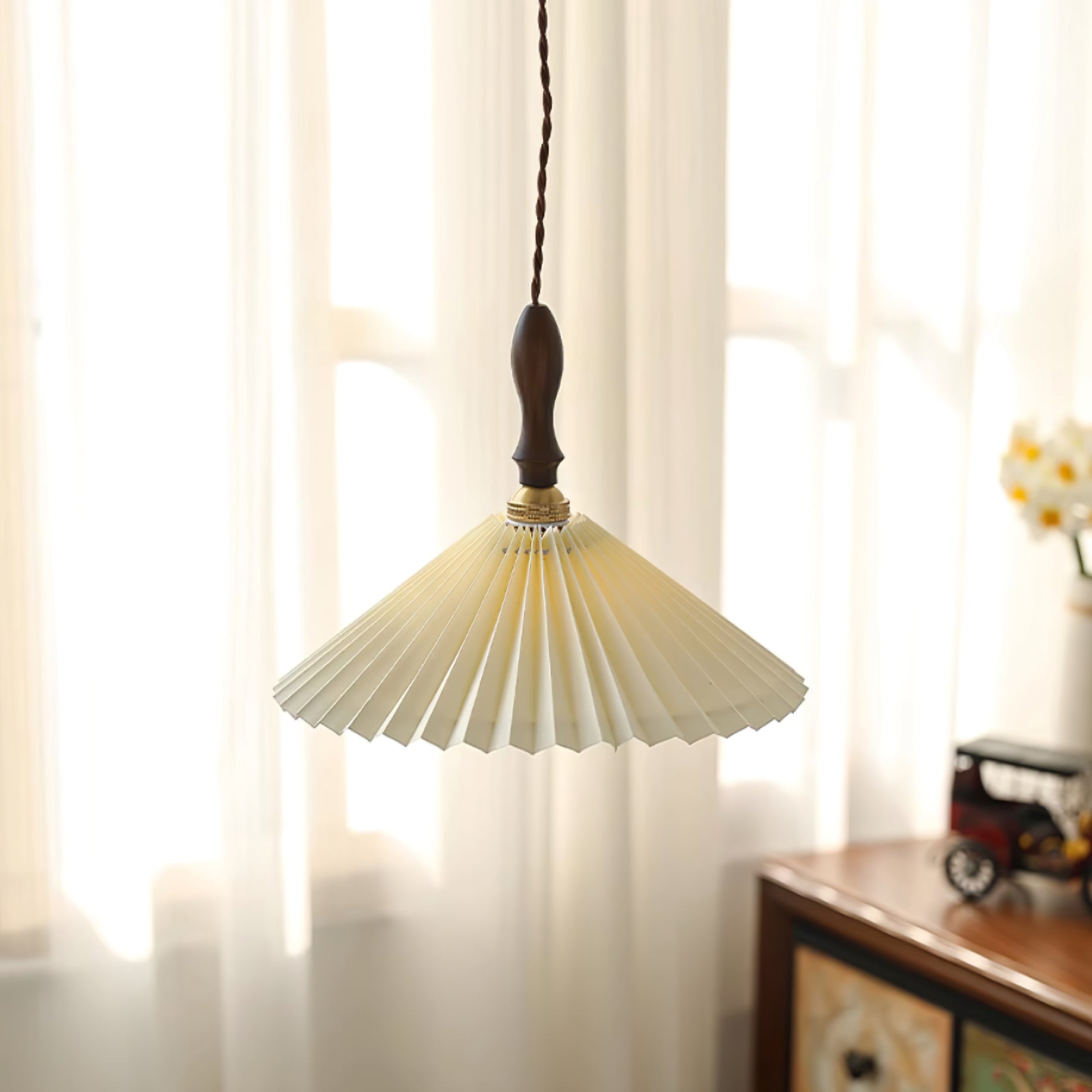 Eldora Pleated Shade Plug-In Pendant Light with Wooden Accent - Neutral Decor