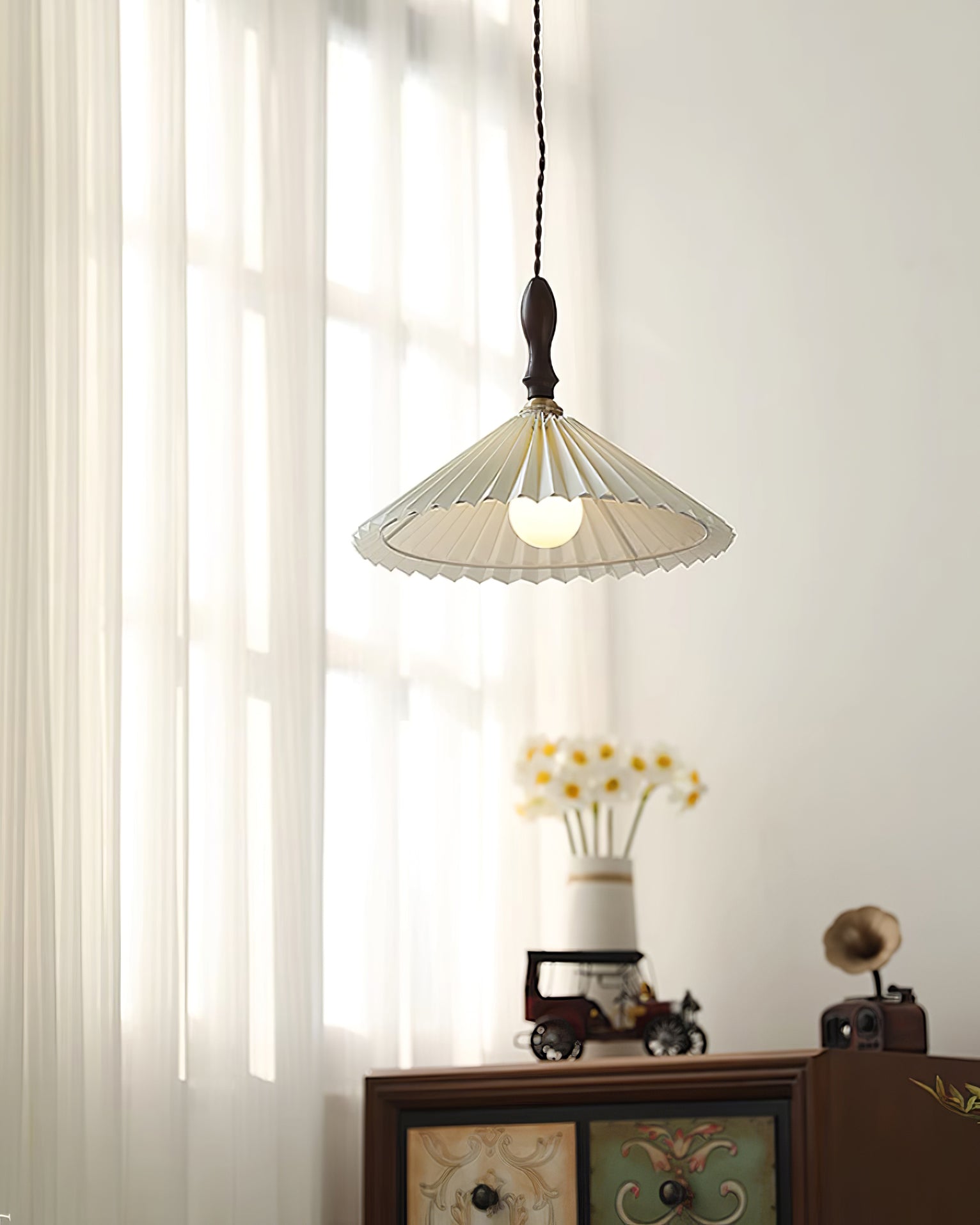 Eldora Pleated Shade Plug-In Pendant Light with Wooden Accent - Neutral Decor