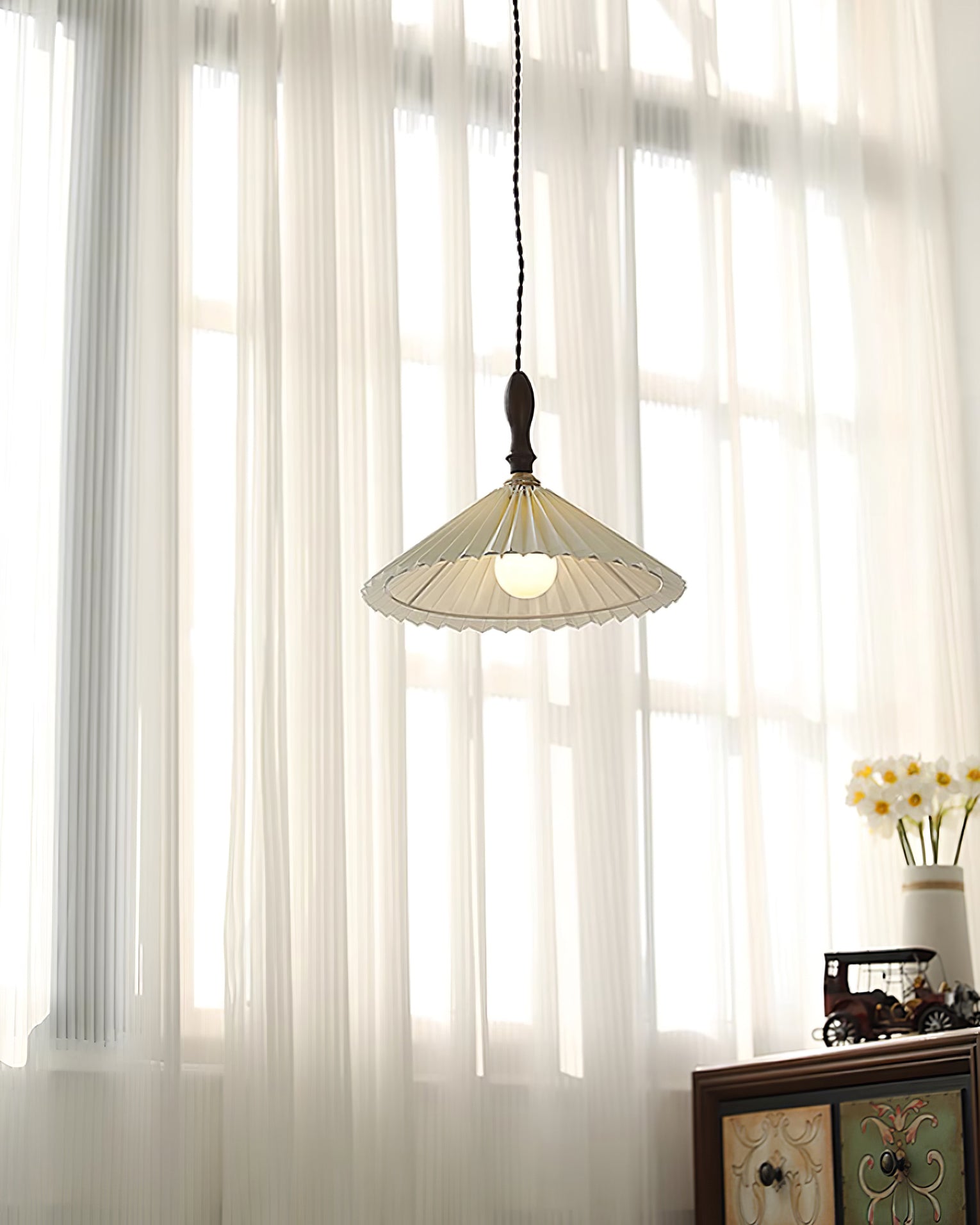 Eldora Pleated Shade Plug-In Pendant Light with Wooden Accent - Neutral Decor