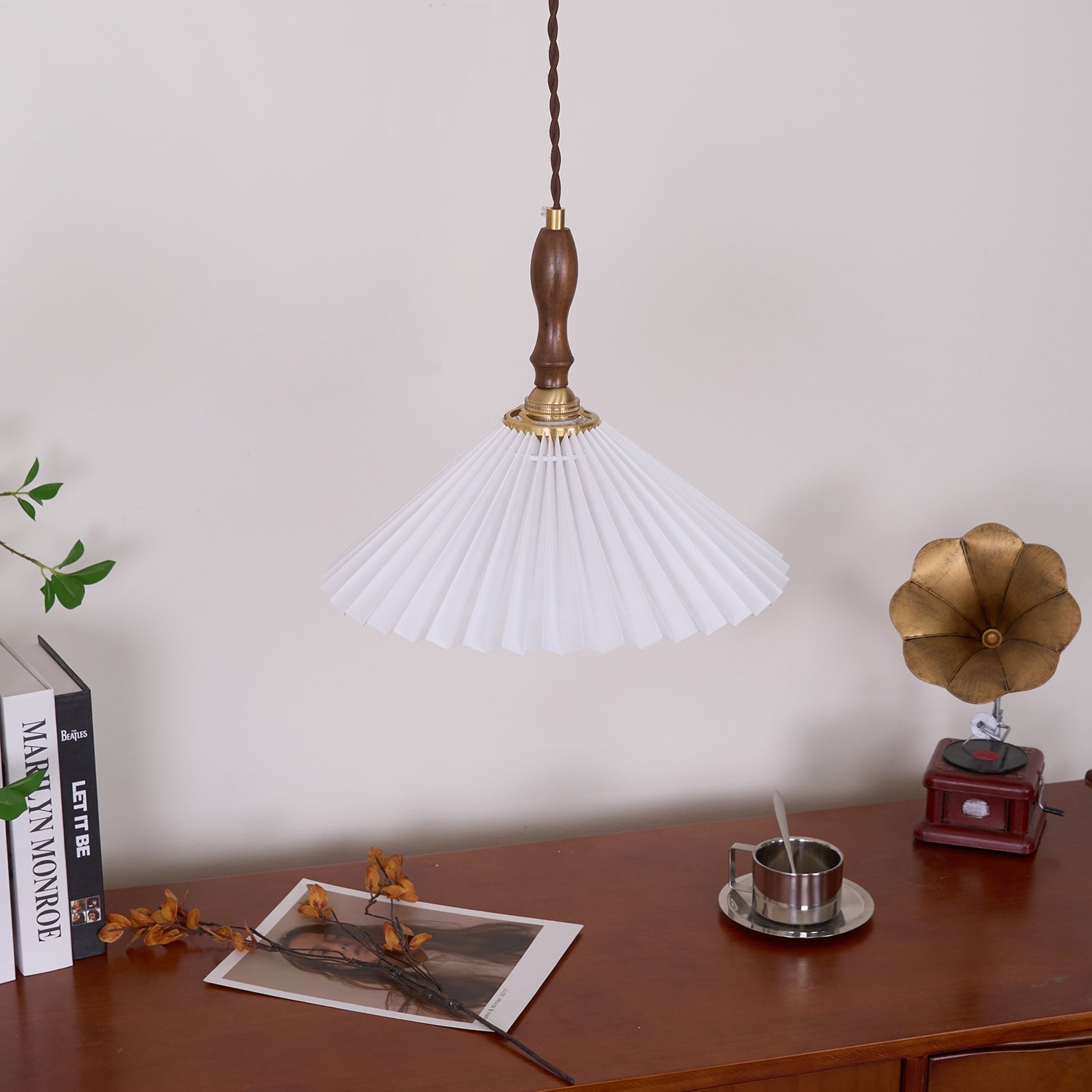 Eldora Pleated Shade Plug-In Pendant Light with Wooden Accent - Neutral Decor