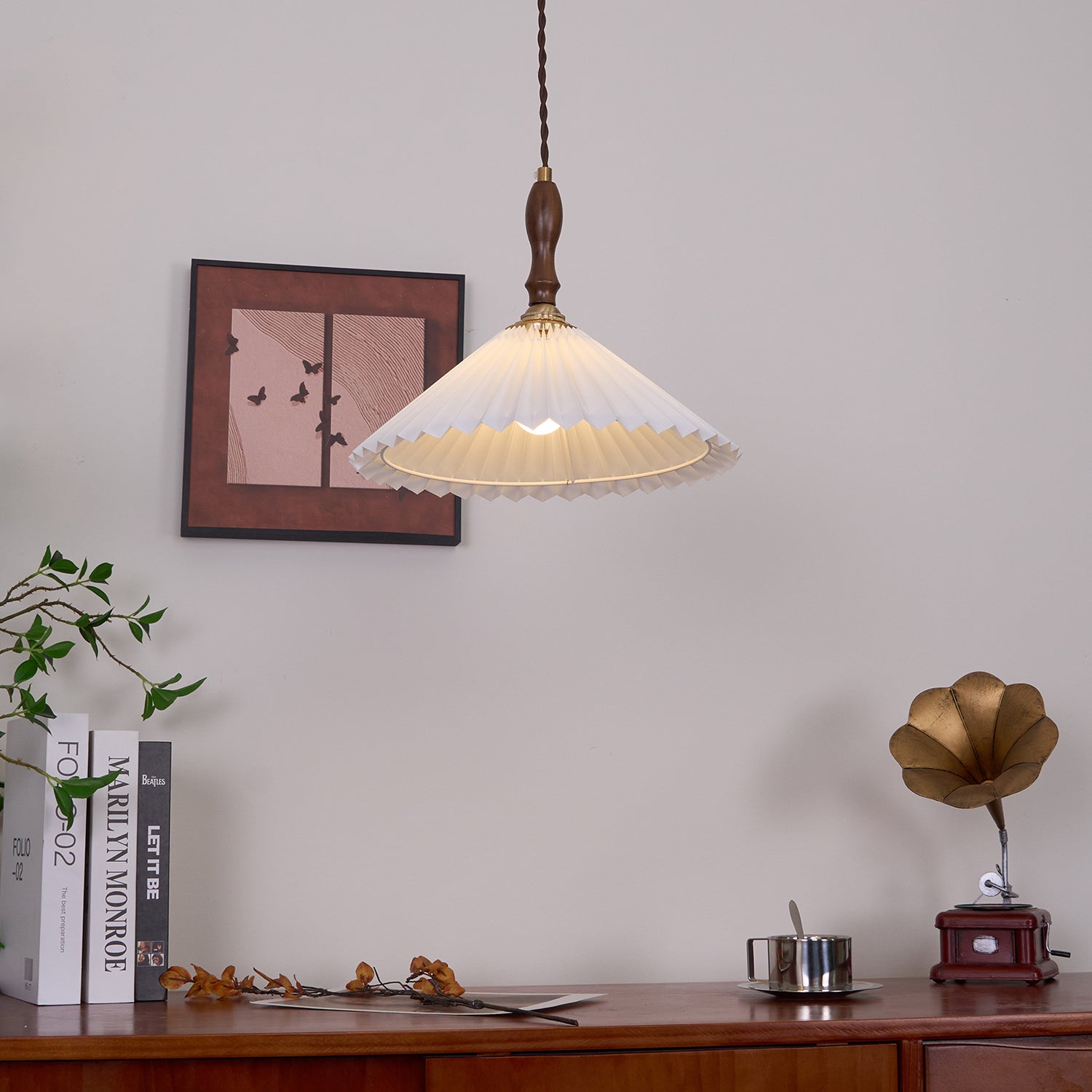 Eldora Pleated Shade Plug-In Pendant Light with Wooden Accent - Neutral Decor