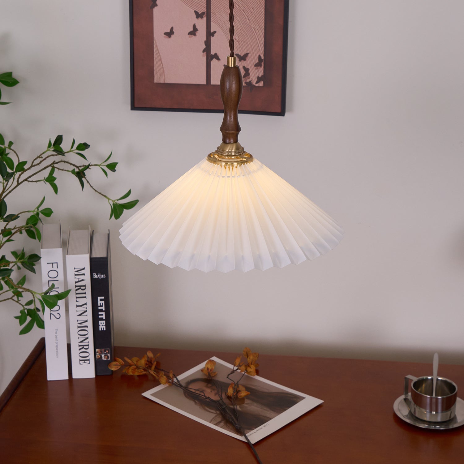 Eldora Pleated Shade Plug-In Pendant Light with Wooden Accent - Neutral Decor
