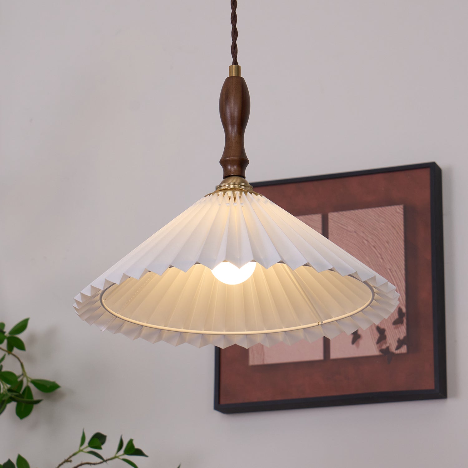 Eldora Pleated Shade Plug-In Pendant Light with Wooden Accent - Neutral Decor