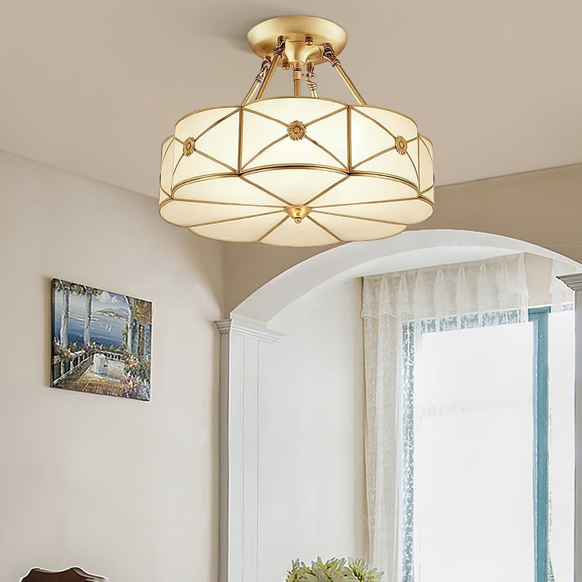 Auralaine Ceiling Lamp Brass Scalloped Frosted Classic
