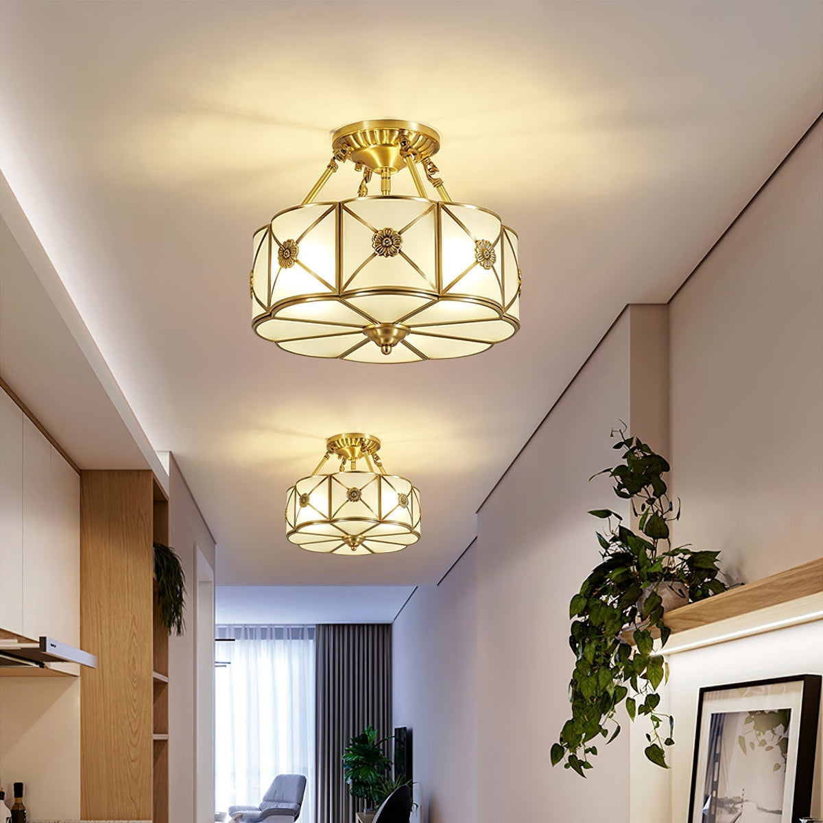 Auralaine Ceiling Lamp Brass Scalloped Frosted Classic