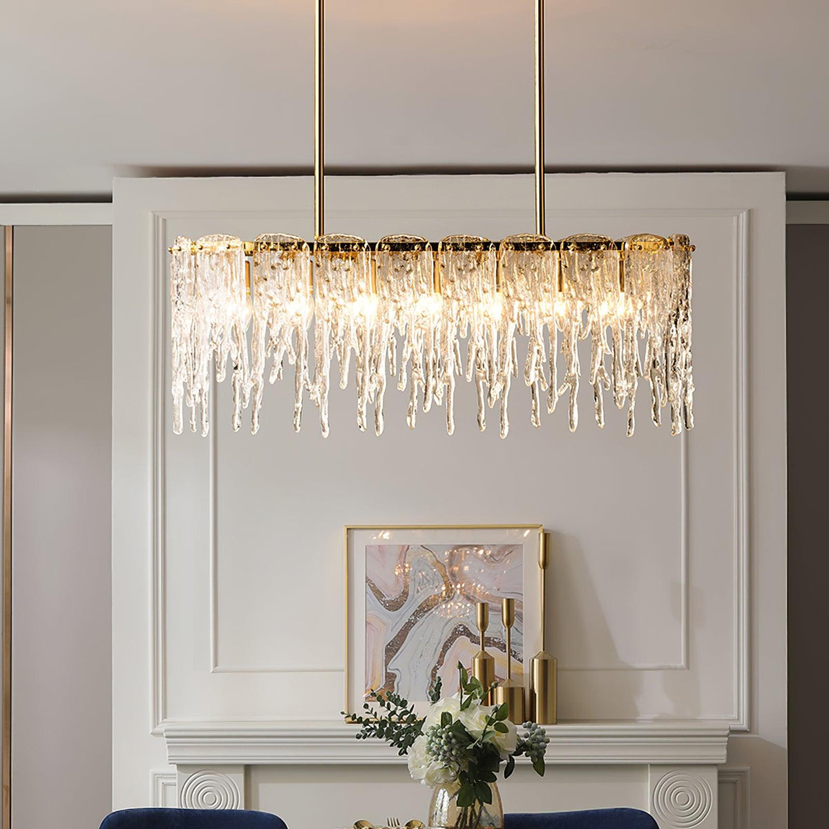 Cathaa Postmodern Luxury Rectangular Icicle Glass Crystal Chandelier