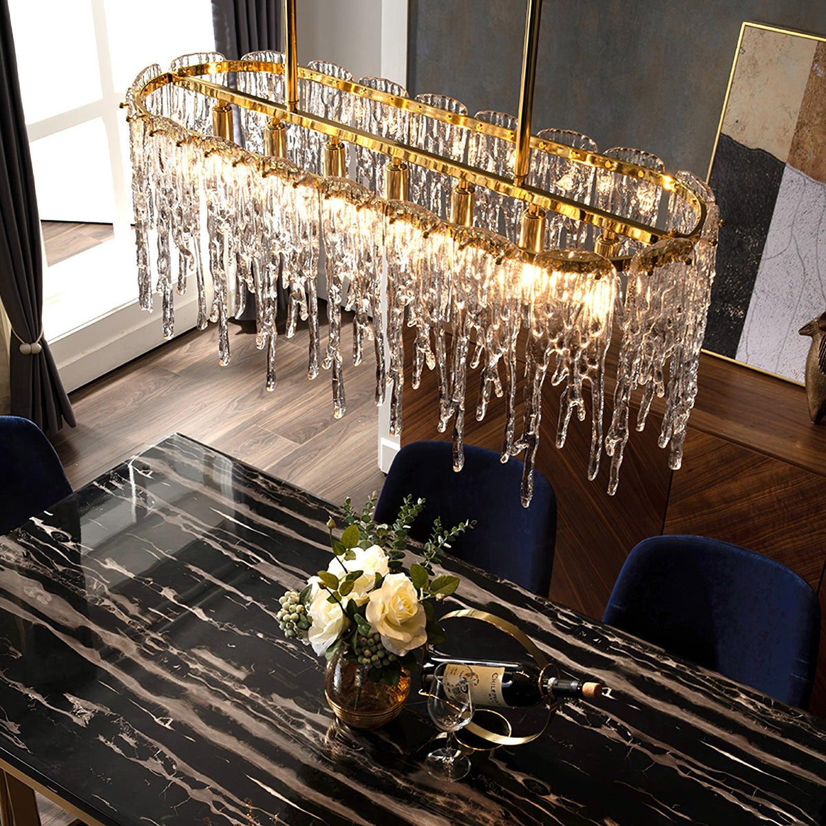 Cathaa Postmodern Luxury Rectangular Icicle Glass Crystal Chandelier