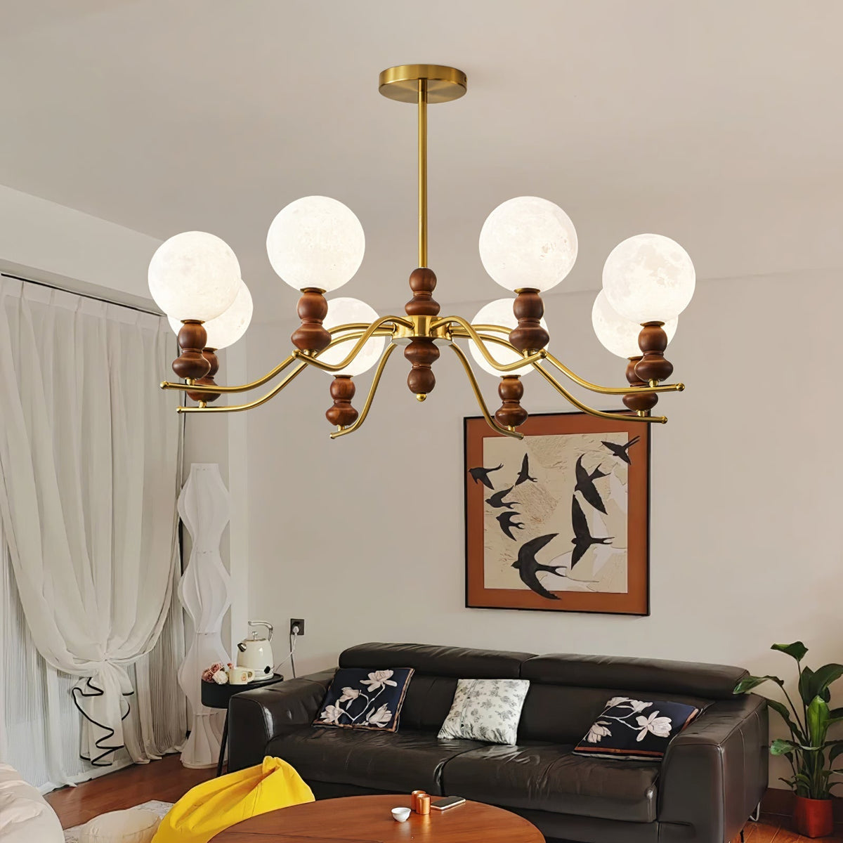 Riniena Chandelier Brass Wood Globe Classic