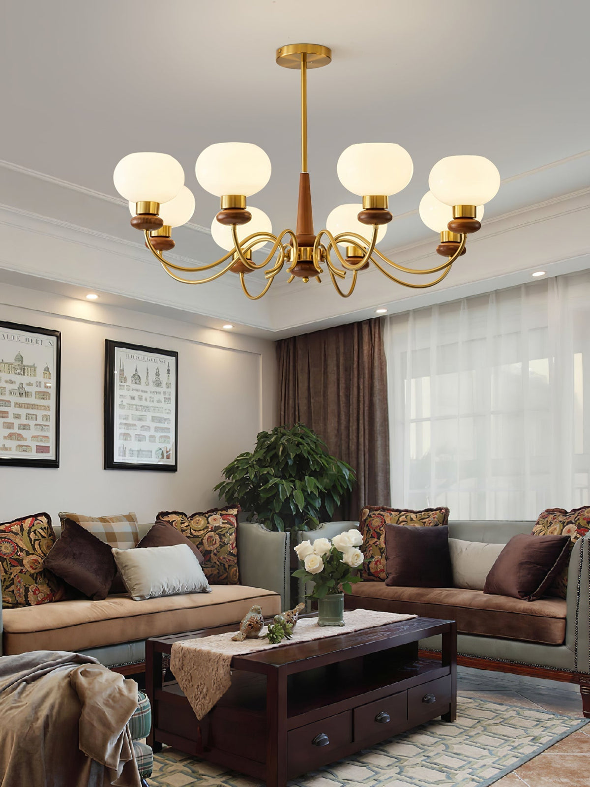 Riniena Chandelier Brass Wood Globe Classic