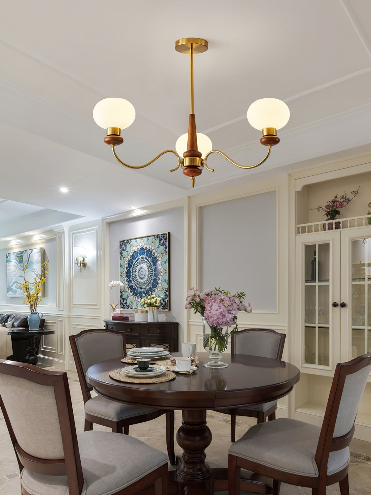 Riniena Chandelier Brass Wood Globe Classic
