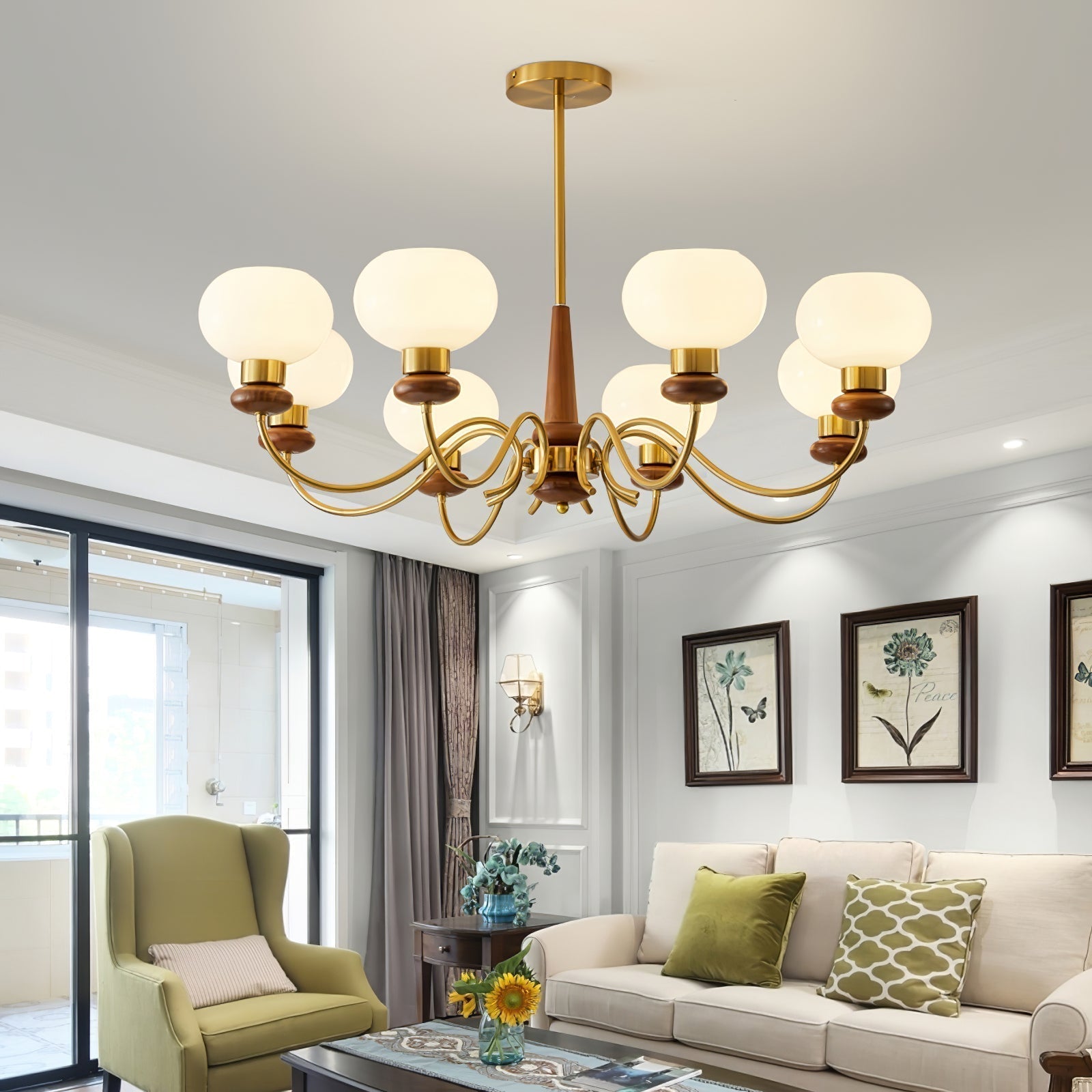 Riniena Chandelier Brass Wood Globe Classic