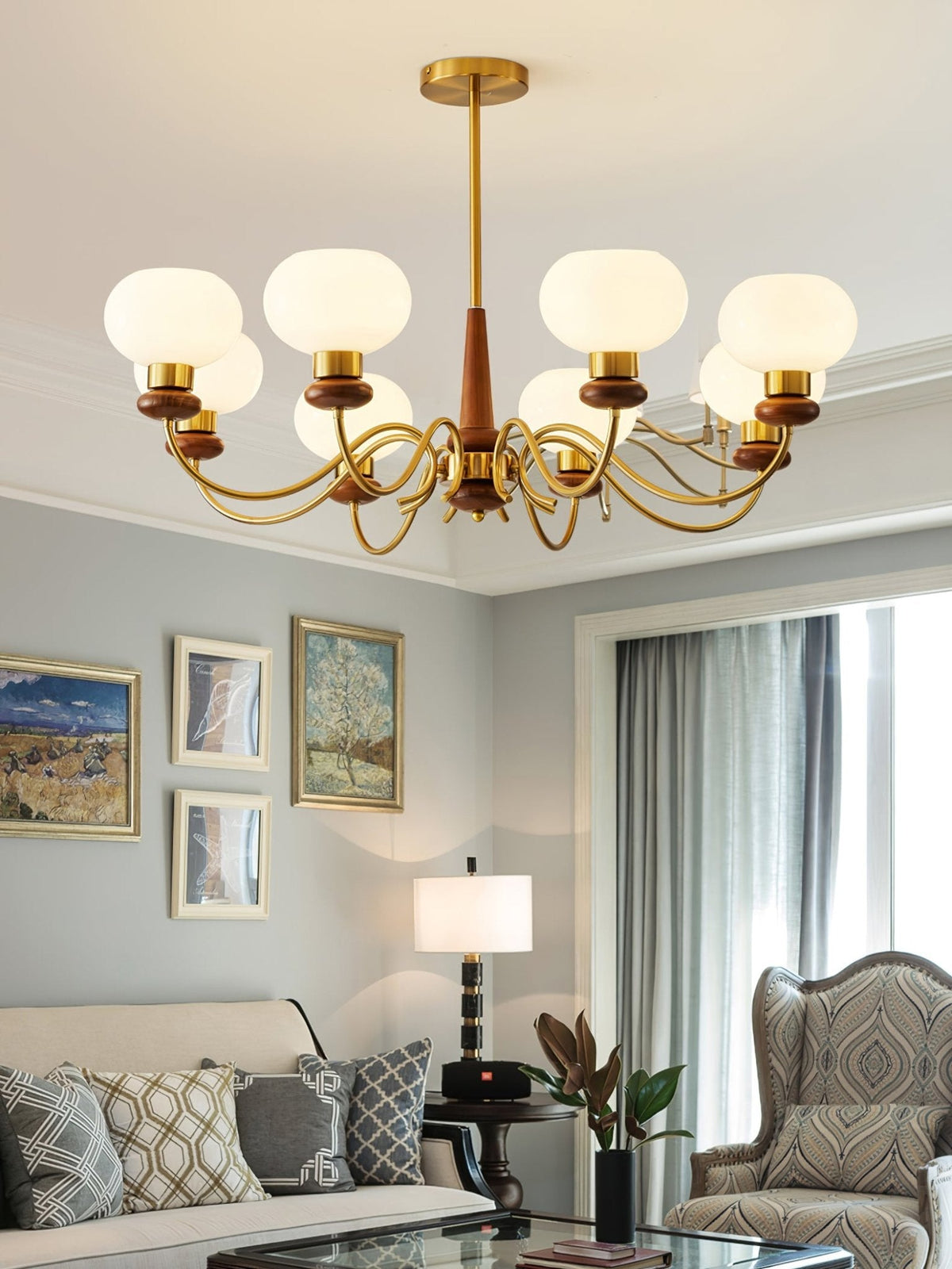 Riniena Chandelier Brass Wood Globe Classic