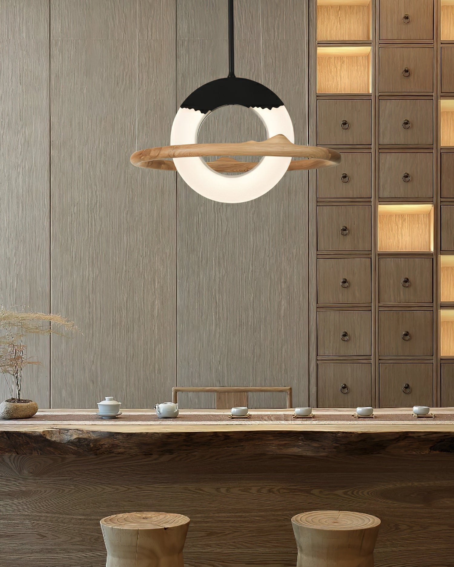 Mytalan Circular Acrylic Wood Pendant Light
