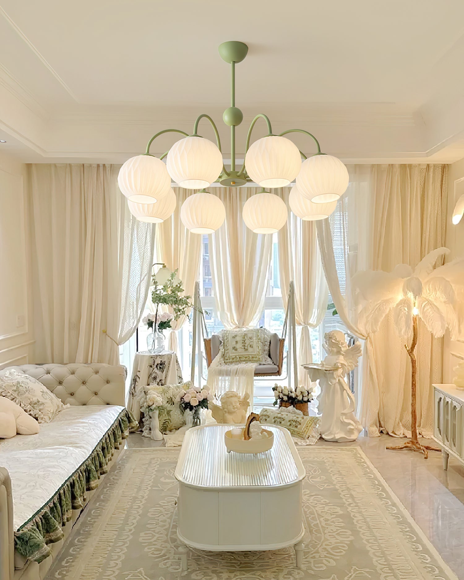 Velaaria Chandelier Green Ribbed Glass Modern 8-Light