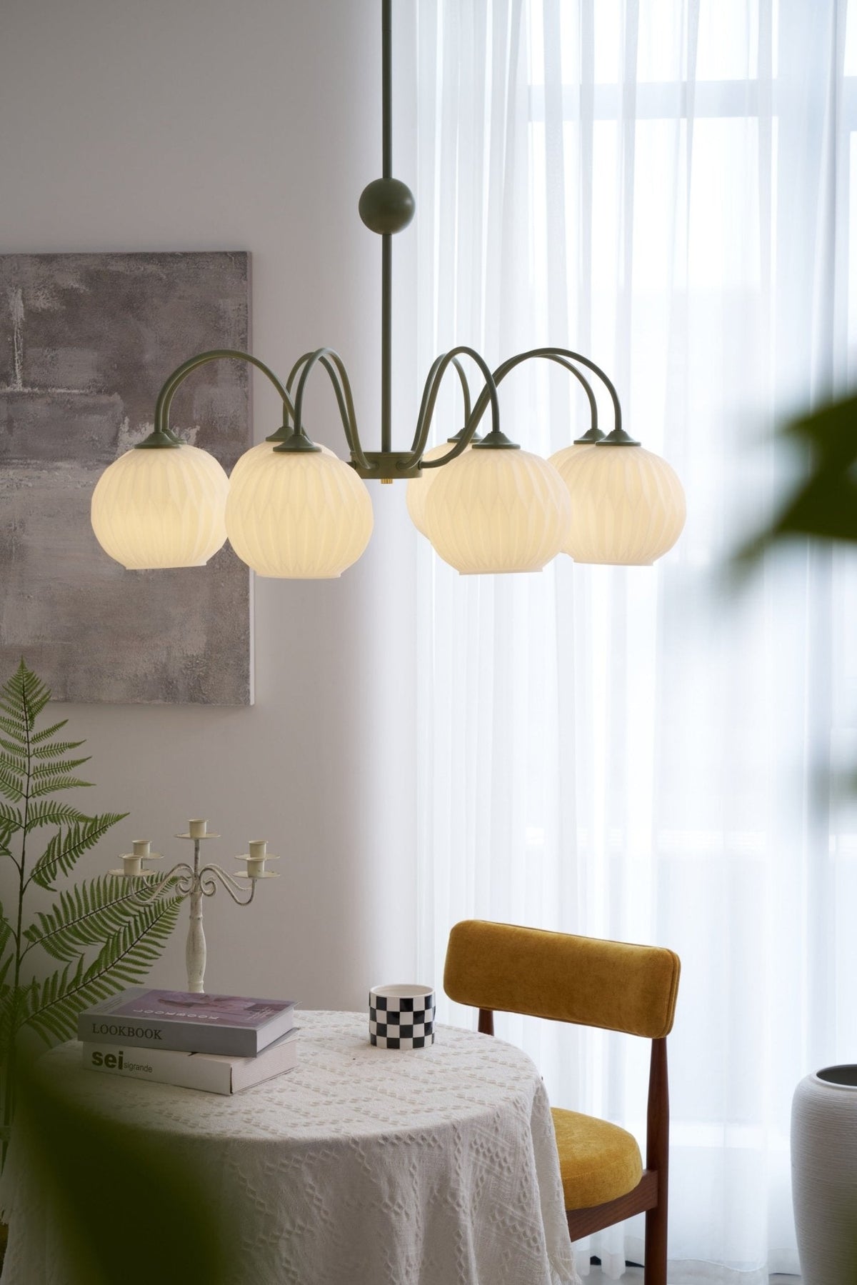 Velaaria Chandelier Green Ribbed Glass Modern 8-Light