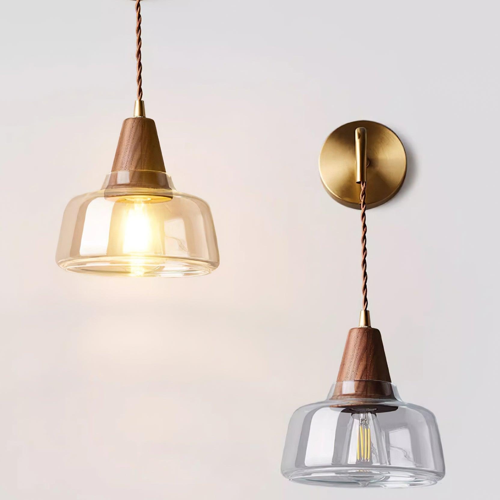 Wall Lamp Amber Glass Shade Tapered Walnut Accent Soft Glow Modern - Neutral Decor