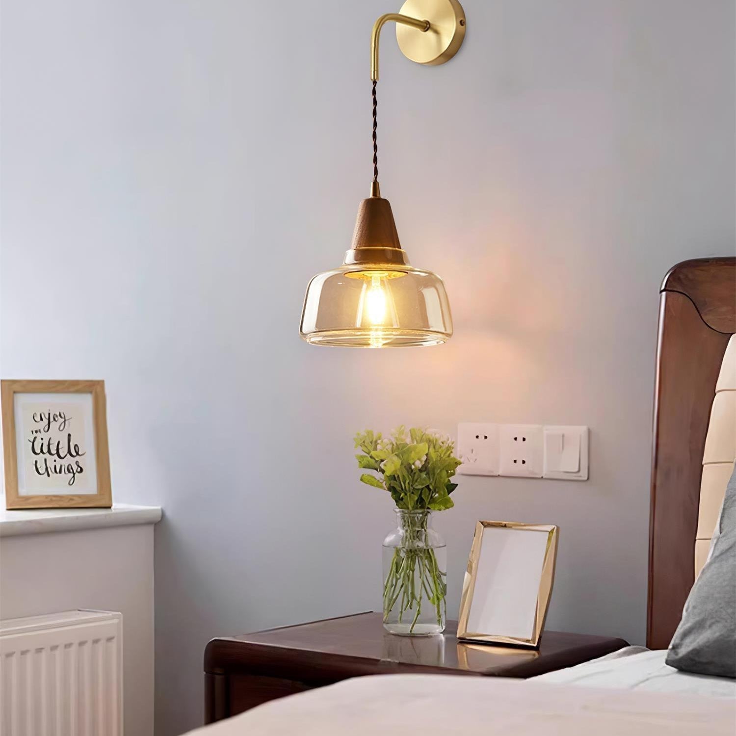 Wall Lamp Amber Glass Shade Tapered Walnut Accent Soft Glow Modern - Neutral Decor
