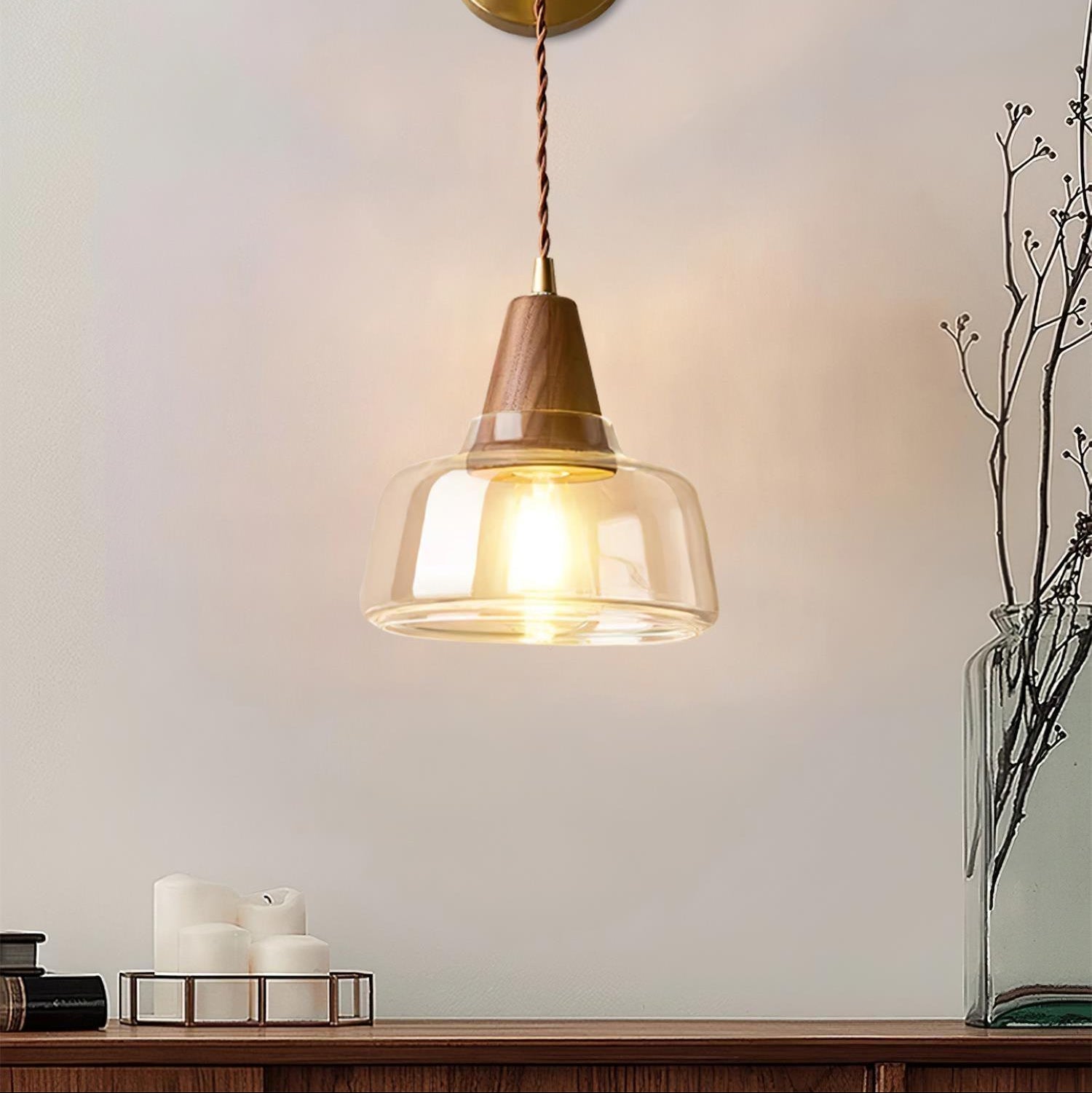 Wall Lamp Amber Glass Shade Tapered Walnut Accent Soft Glow Modern - Neutral Decor